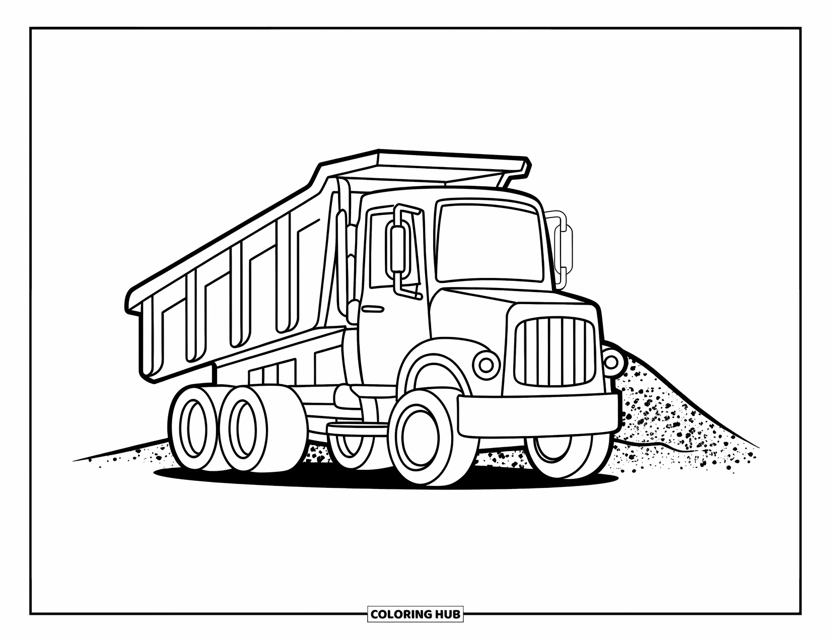 Dump Truck Coloring Page for Kids: A happy dump truck with a raised bed beside gravel, in a simple preschool-friendly layout