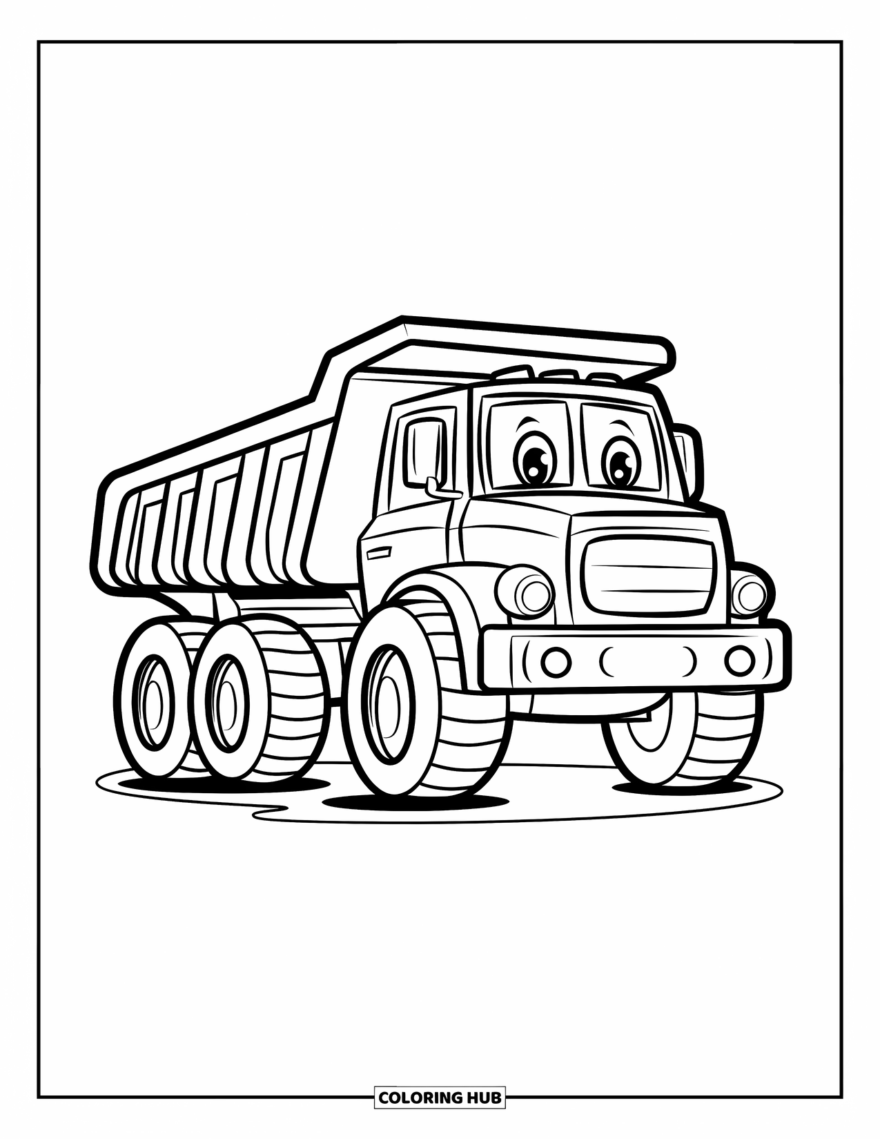 Dump Truck Coloring Page for Kids: A simple dump truck centered on white background, perfect for preschool coloring