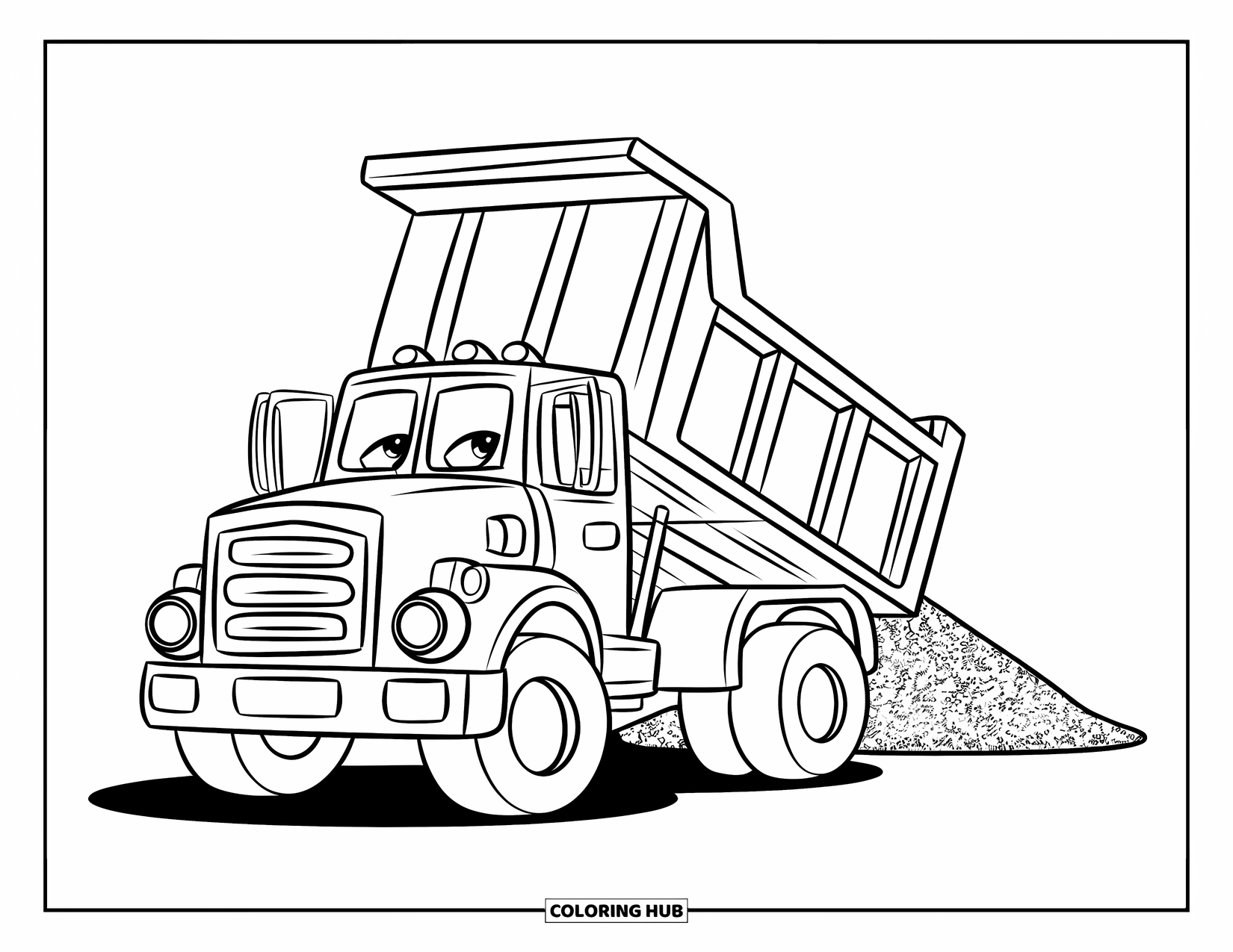 Dump Truck Coloring Page for Kids: A smiling dump truck beside gravel, with large shapes and no extra details or textures