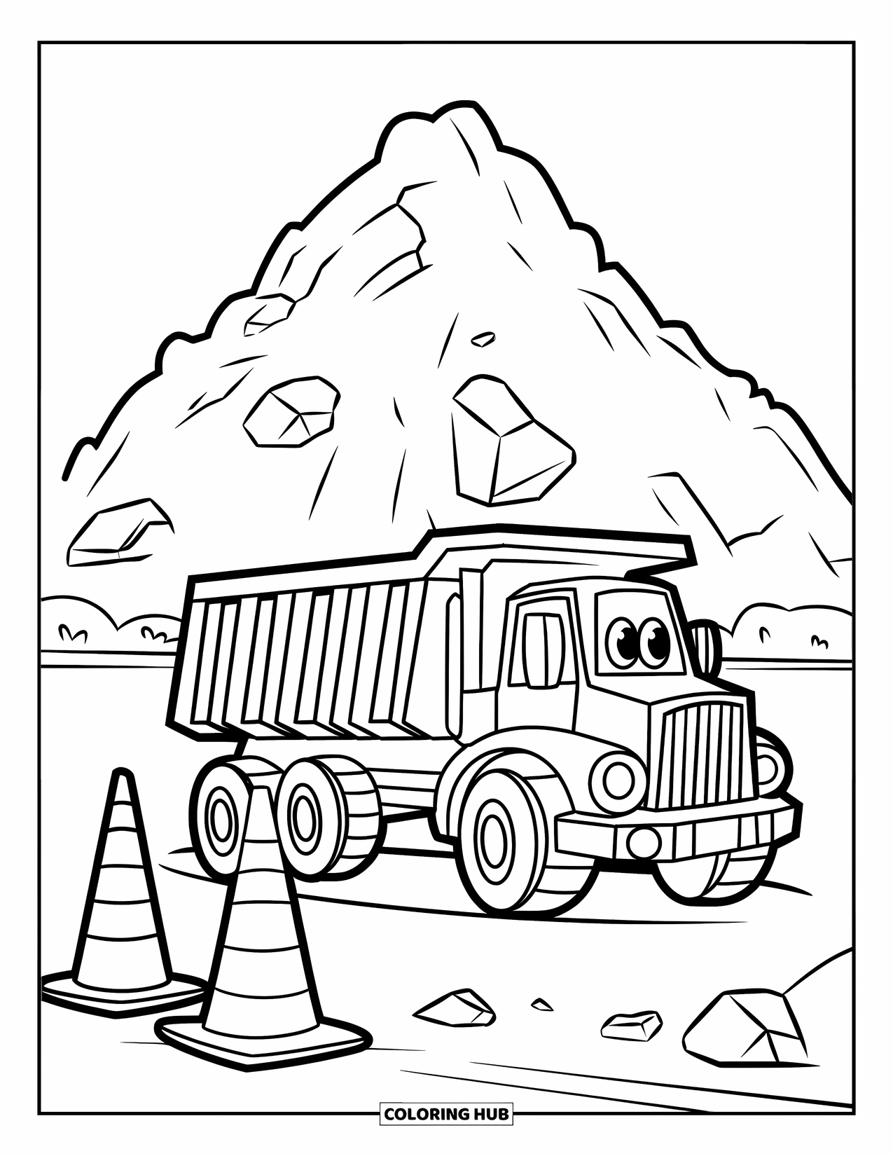 Dump Truck Coloring Page for Kids: A smiling dump truck rolls past cones near a big mound of stones