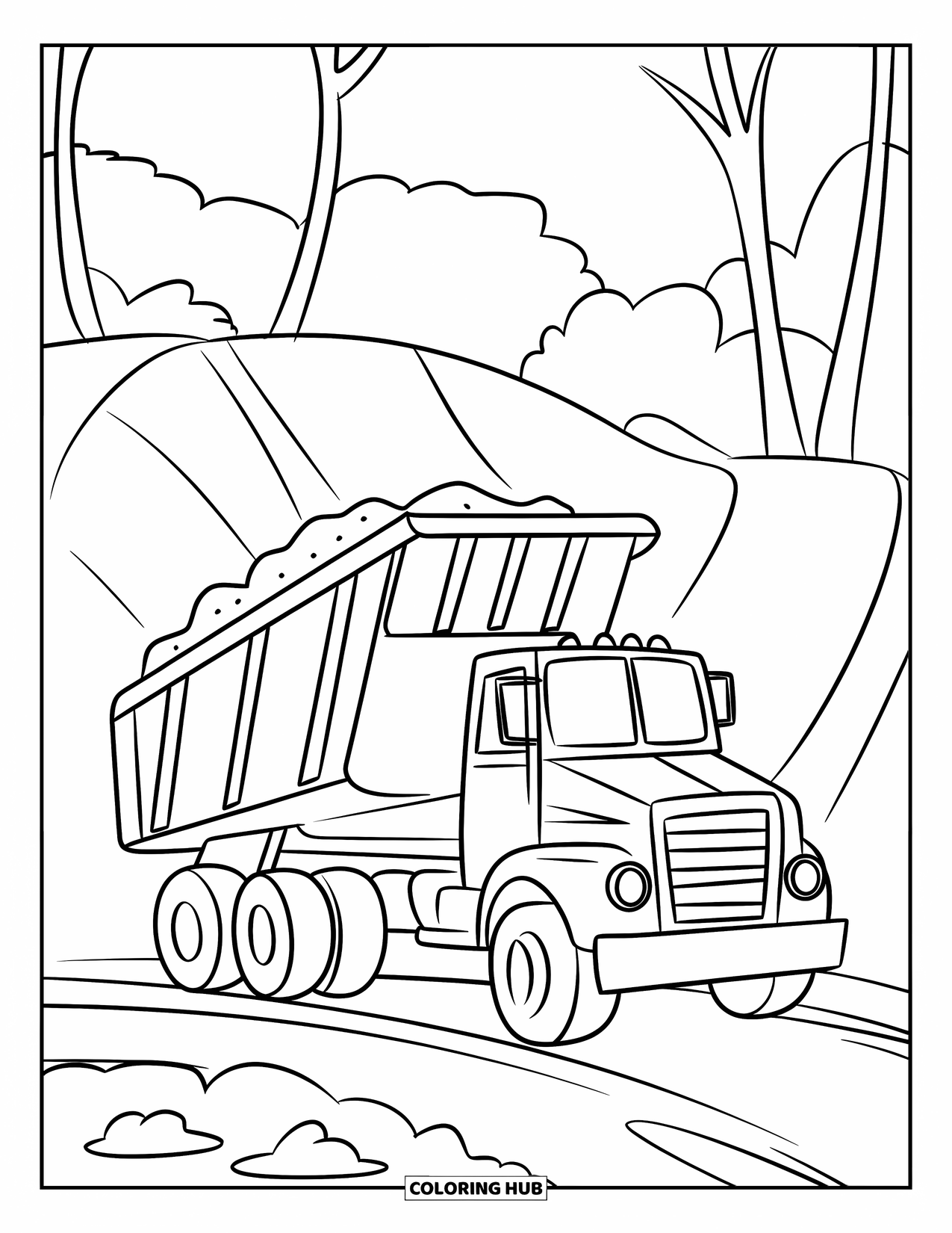 Dump Truck Coloring Page for Kids: A smiling dump truck tipping sand next to a hill with a few trees behind it