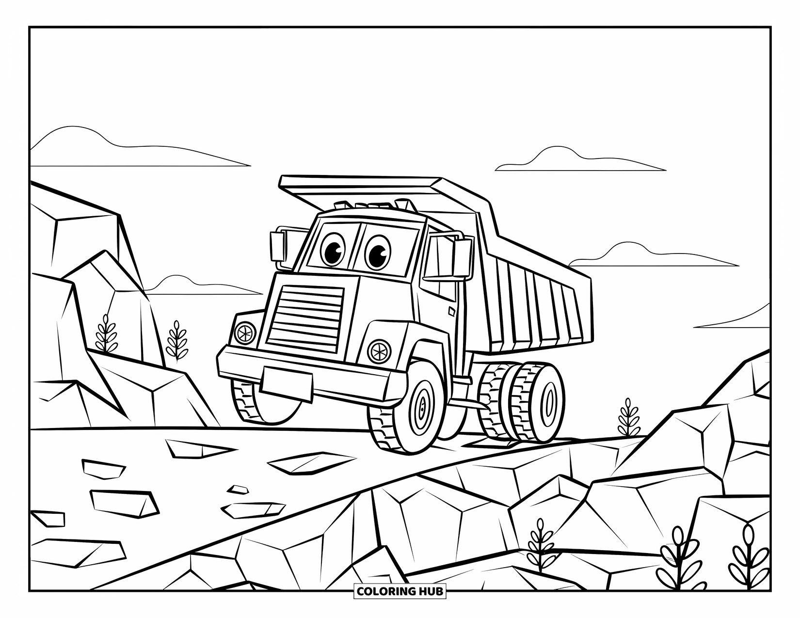 Dump Truck Coloring Page for Kids: A smiling dump truck with big wheels drives over uneven rocks