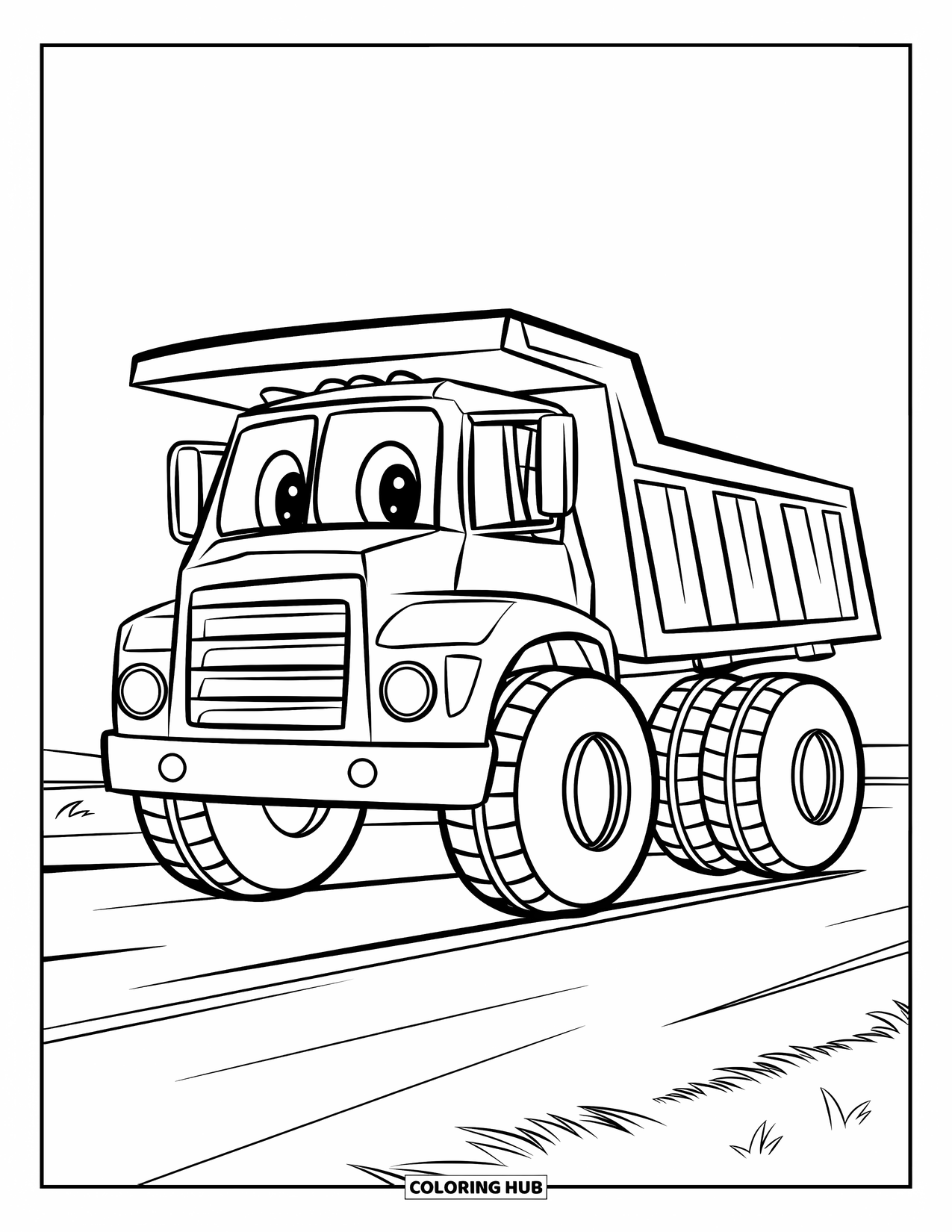 Dump Truck Coloring Page for Kids: A smiling dump truck with big wheels resting on a grassy flat area