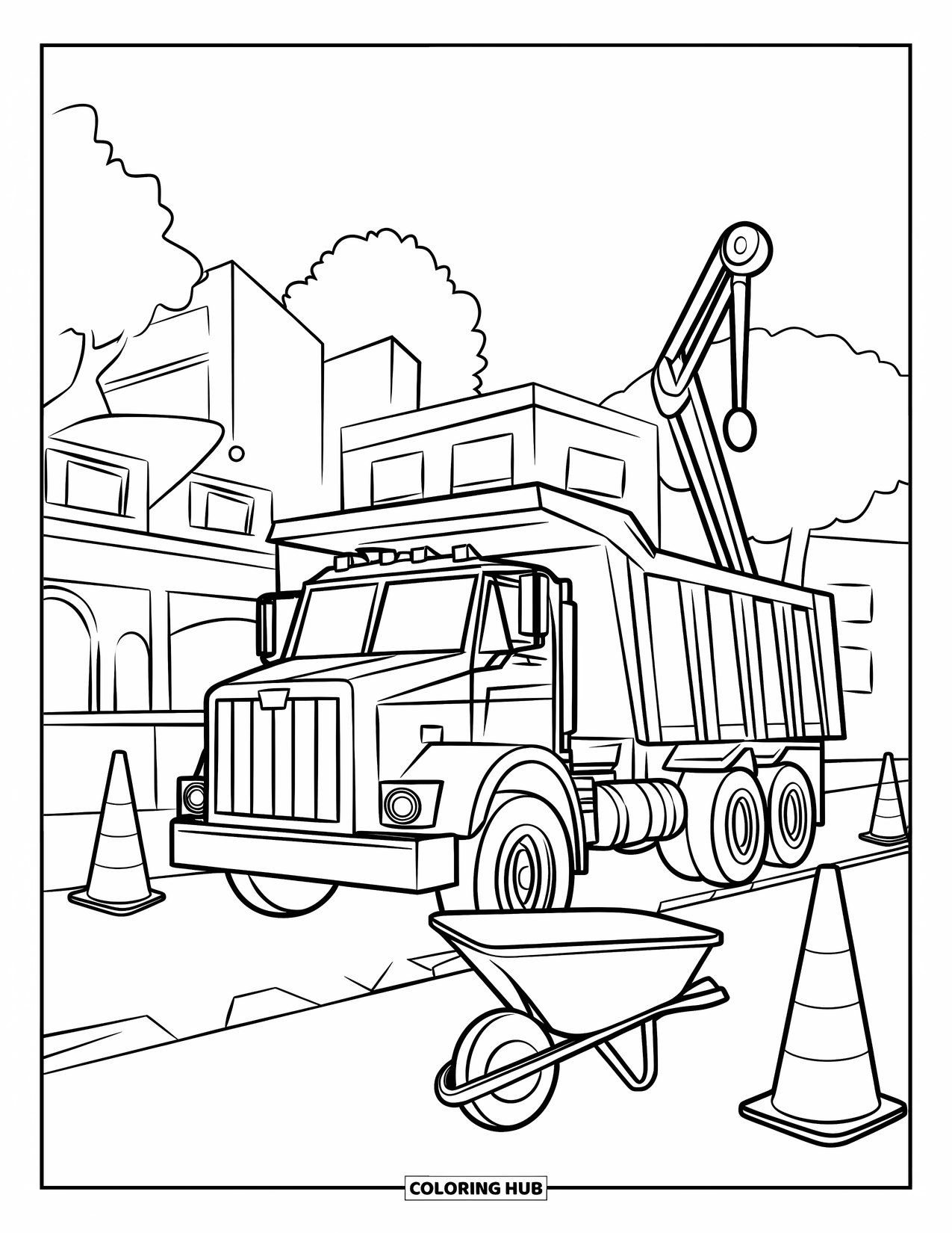 Dump Truck Coloring Page for Kids: A street scene with a dump truck and construction tools nearby