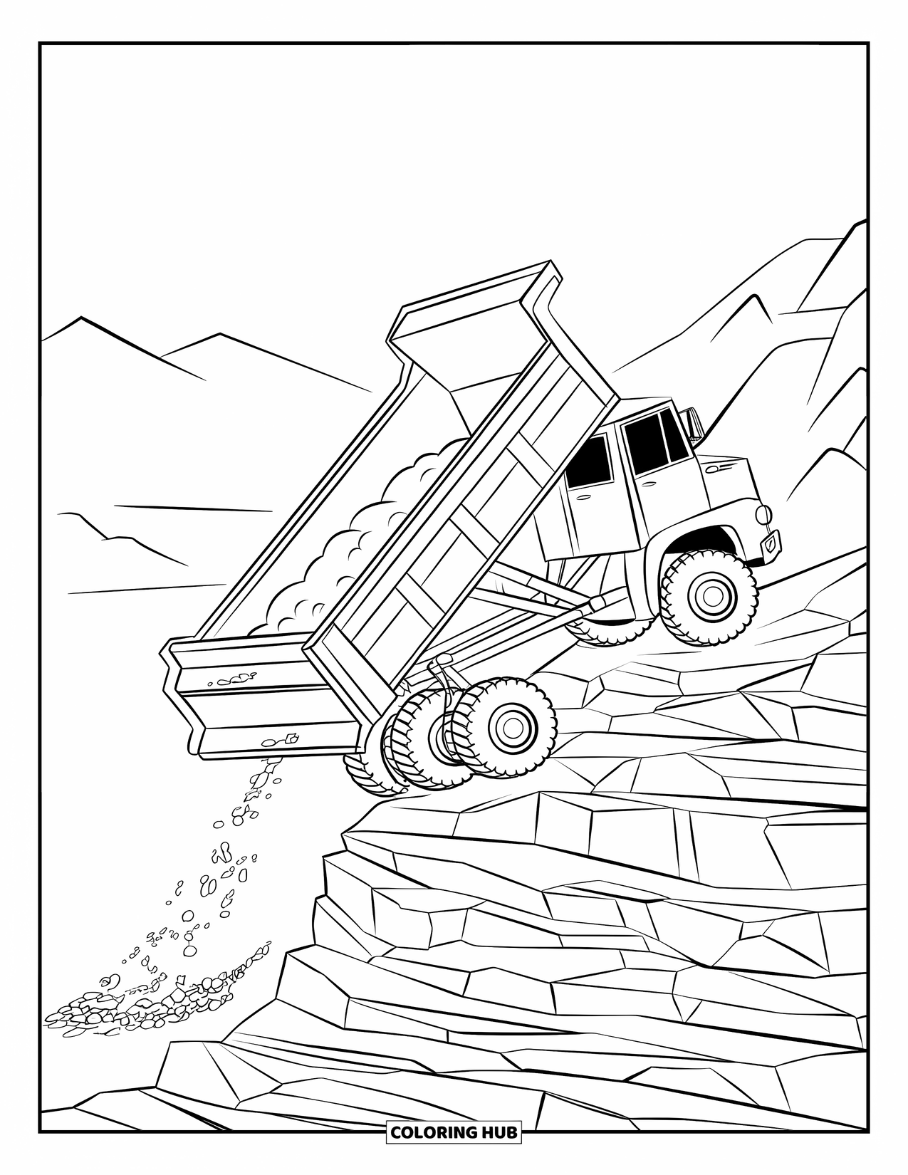 Dump Truck Coloring Page for Kids: A truck with its bed raised, sand tumbling down a rocky slope