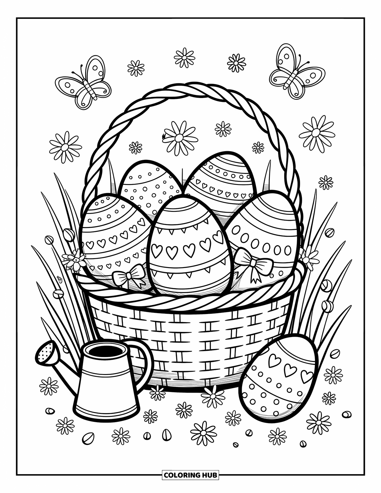 Easter Egg Coloring Page for Adults: A basket brimming with decorated Easter eggs sits in a flower meadow
