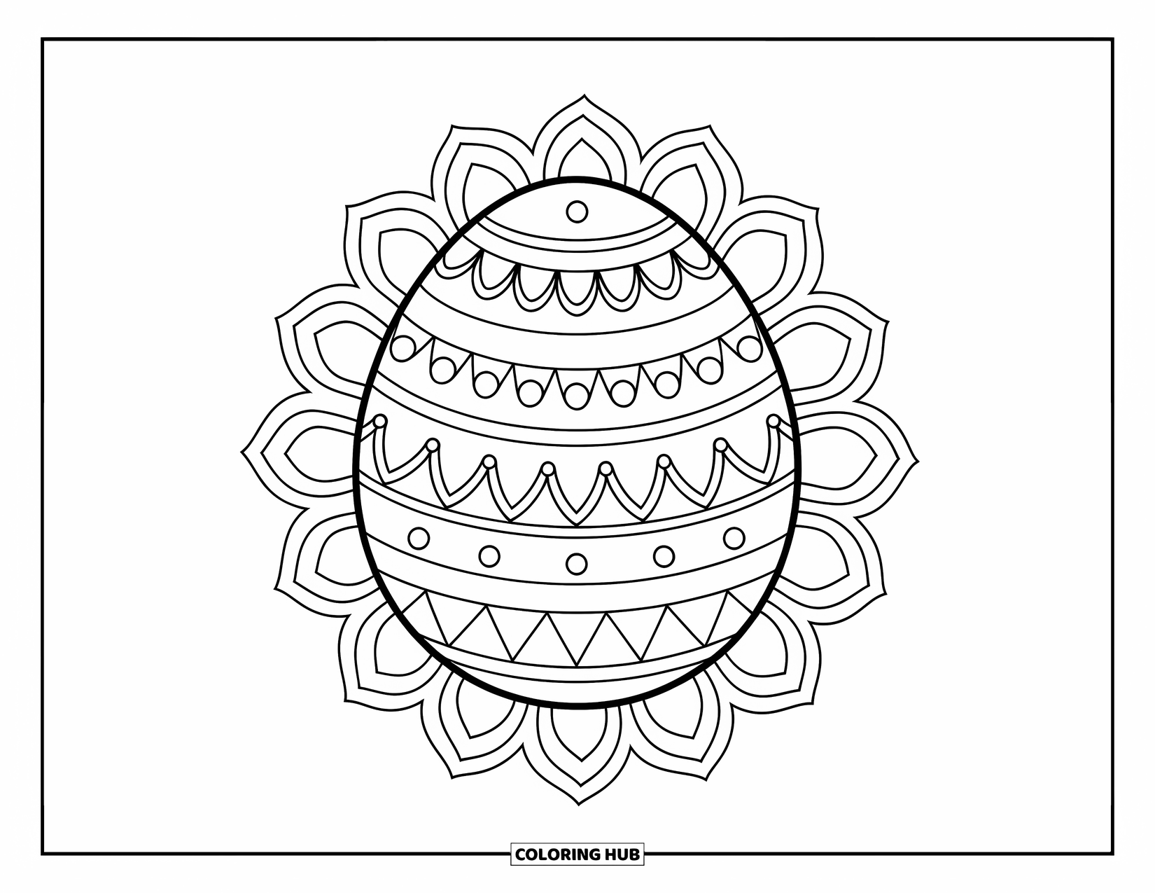 Easter Egg Coloring Page for Adults: A bold Easter egg with swirls and triangles is framed by mandala rings