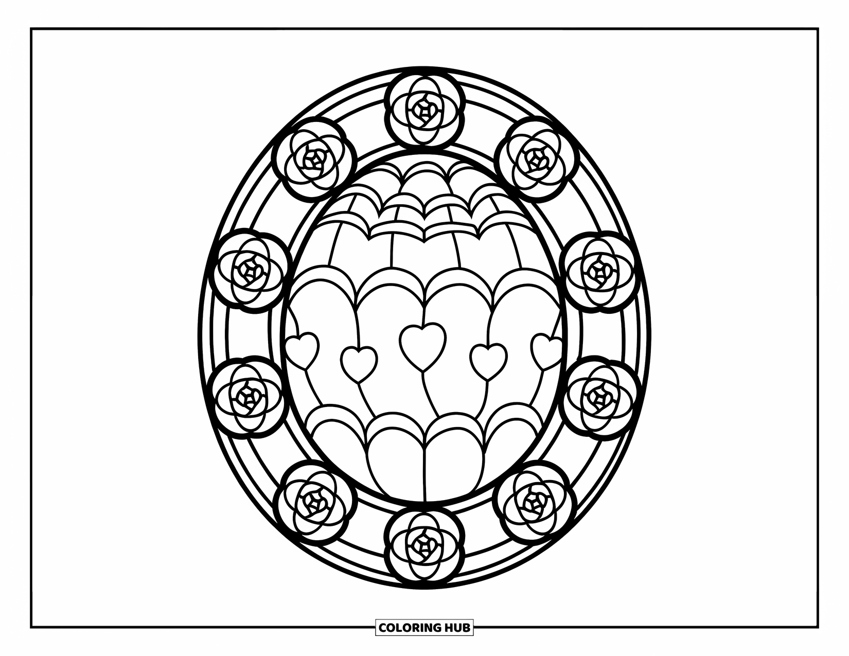 Easter Egg Coloring Page for Adults: A bold Easter egg with vine and heart patterns sits inside stained-glass roses