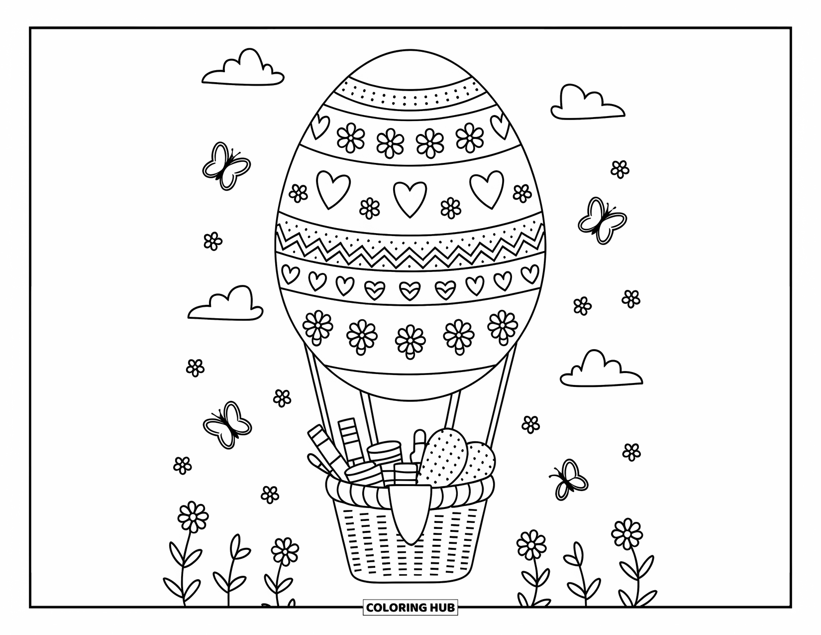 Easter Egg Coloring Page for Adults: A colossal Easter egg balloon carries a basket filled with cozy blankets