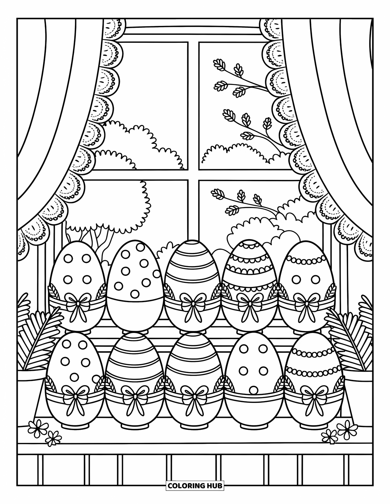 Easter Egg Coloring Page for Adults: A cozy windowsill holds patterned Easter eggs with curtains, plants, and birds