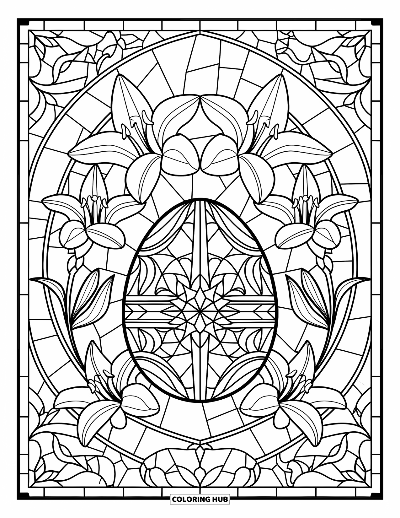 Easter Egg Coloring Page for Adults: A cross-hatch patterned egg is surrounded by lilies in stained-glass style