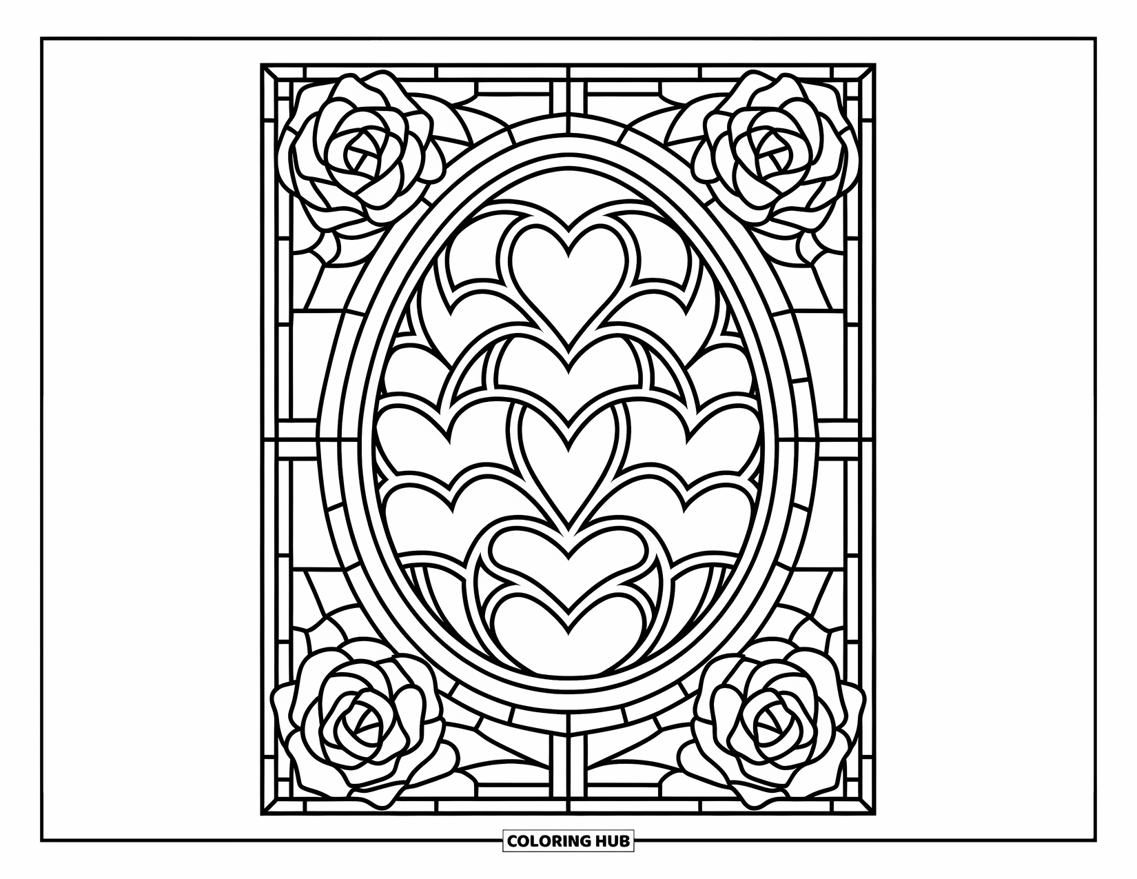 Easter Egg Coloring Page for Adults: A decorated Easter egg with hearts and vines is framed by stained-glass roses