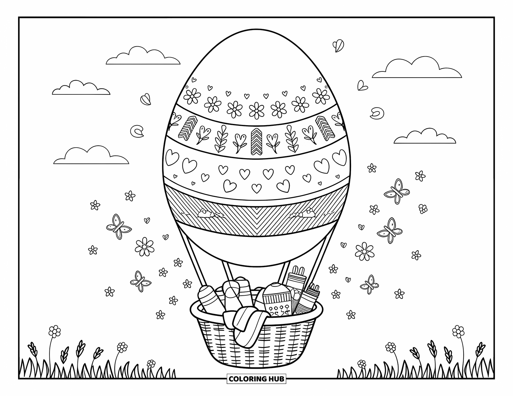Easter Egg Coloring Page for Adults: A giant Easter egg floats as a hot air balloon above a spring meadow