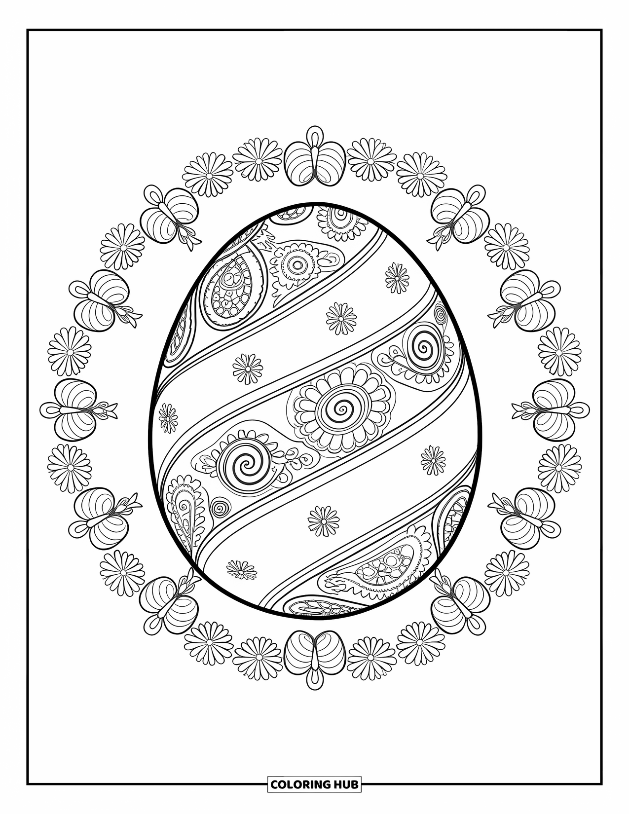 Easter Egg Coloring Page for Adults: A paisley Easter egg is framed by flowers and butterflies in a mandala