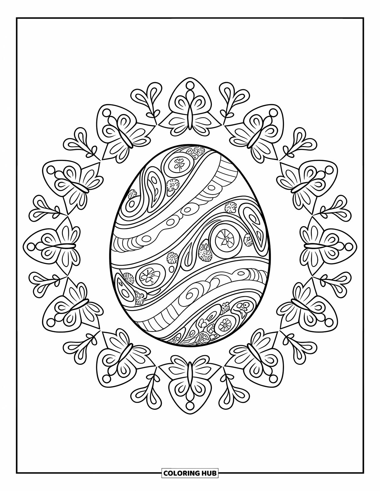 Easter Egg Coloring Page for Adults: A paisley-patterned Easter egg is framed by butterflies and flowers in a mandala