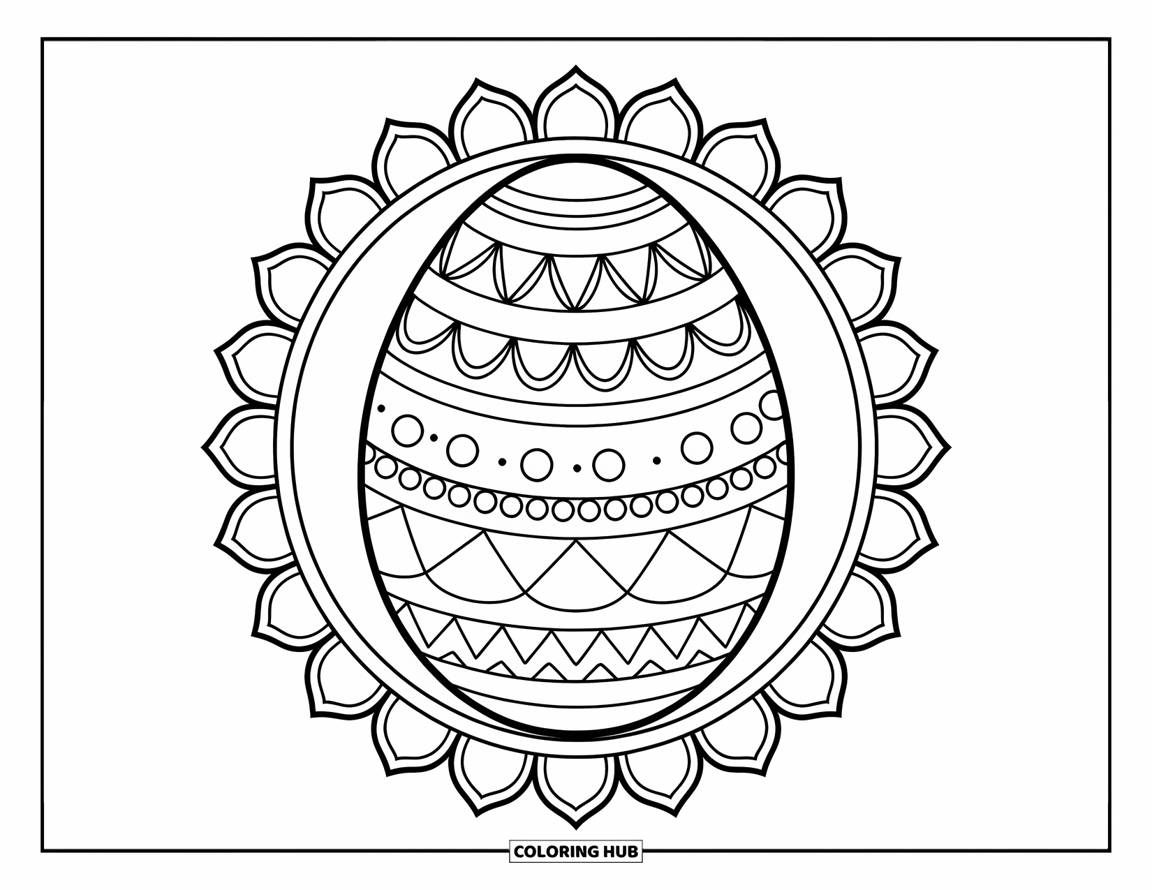 Easter Egg Coloring Page for Adults: A patterned Easter egg rests in the center of detailed mandala rings