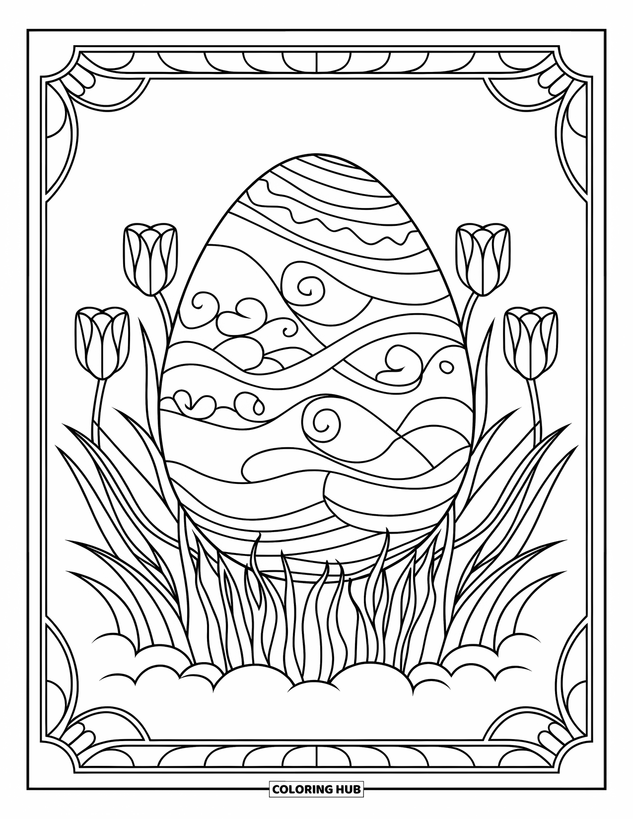 Easter Egg Coloring Page for Adults: A ribbon-patterned egg is framed by tulips and blades of grass