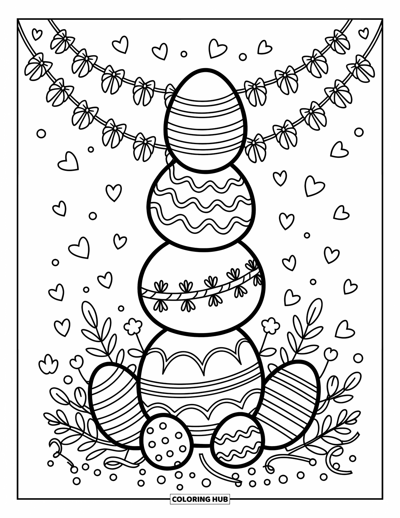 Easter Egg Coloring Page for Adults: A tower of patterned Easter eggs stands with garlands and flower petals