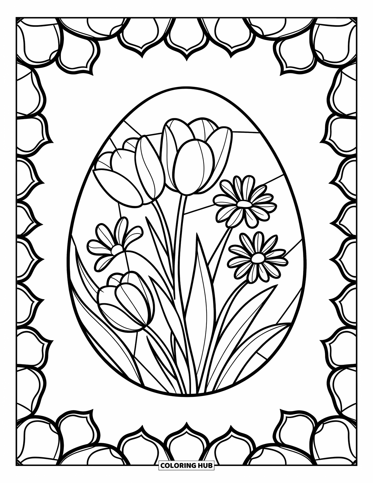 Easter Egg Coloring Page for Adults: A tulip and daisy engraved egg rests in stained-glass floral petals