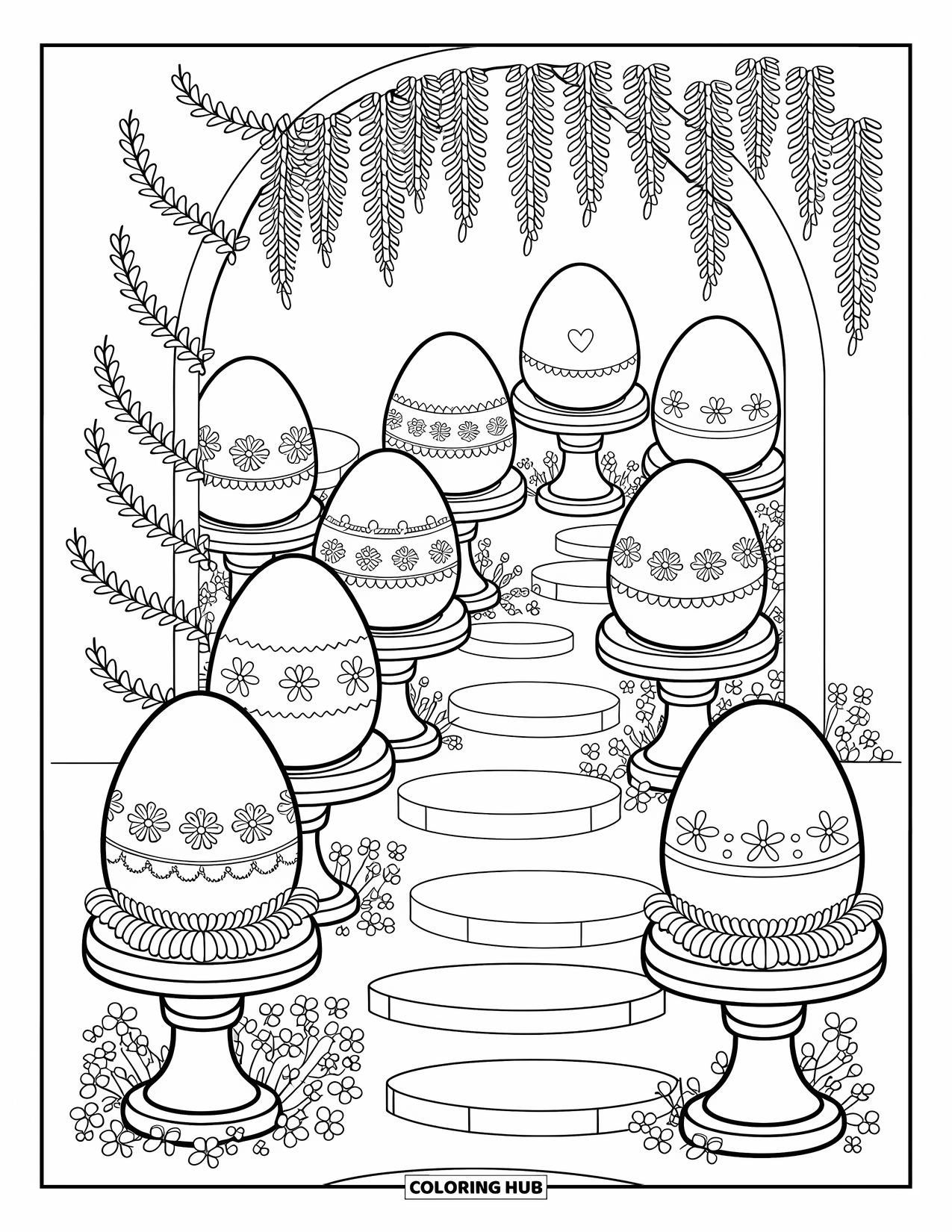 Easter Egg Coloring Page for Adults: A winding garden path is lined with pedestals holding decorated Easter eggs