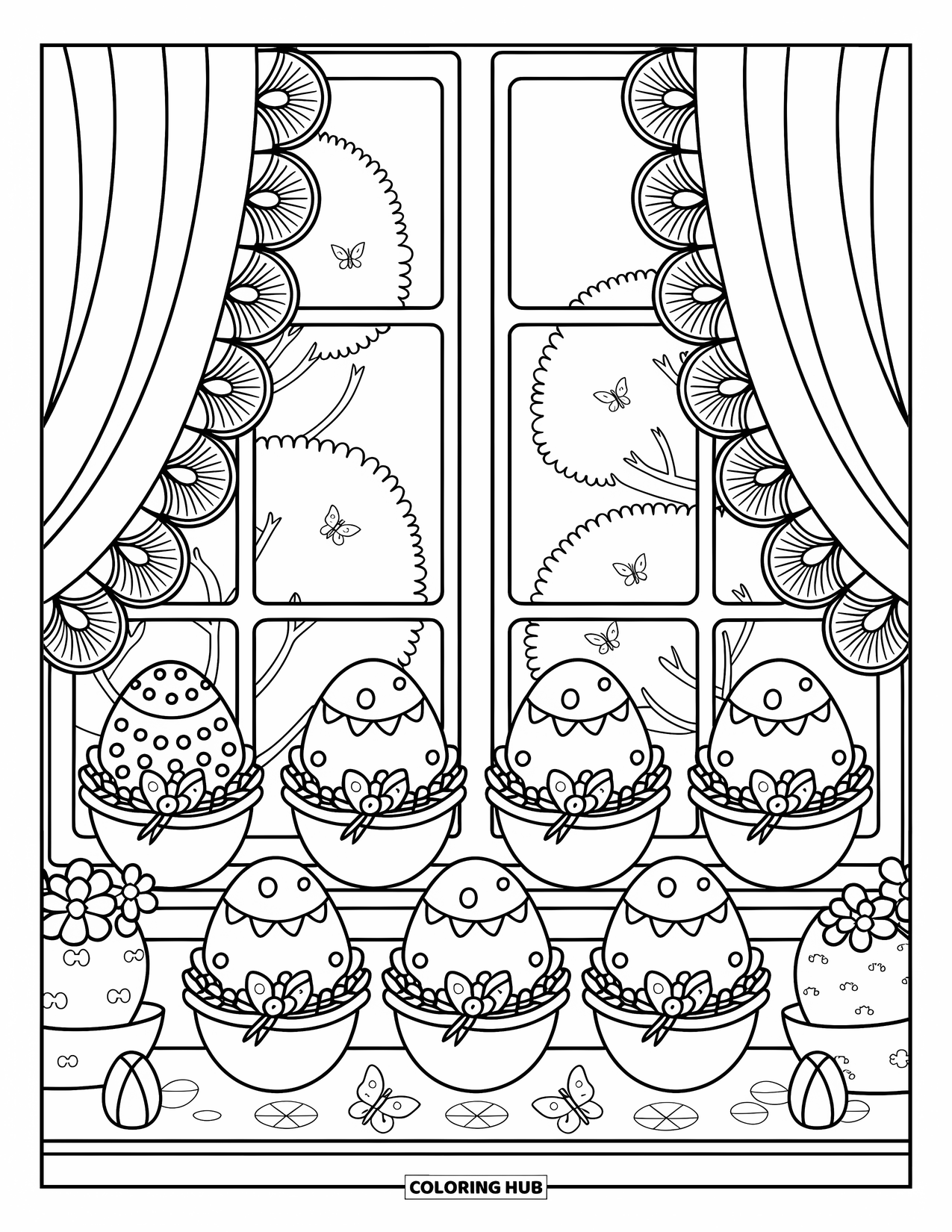 Easter Egg Coloring Page for Adults: A windowsill displays Easter eggs in holders with ribbons and butterflies