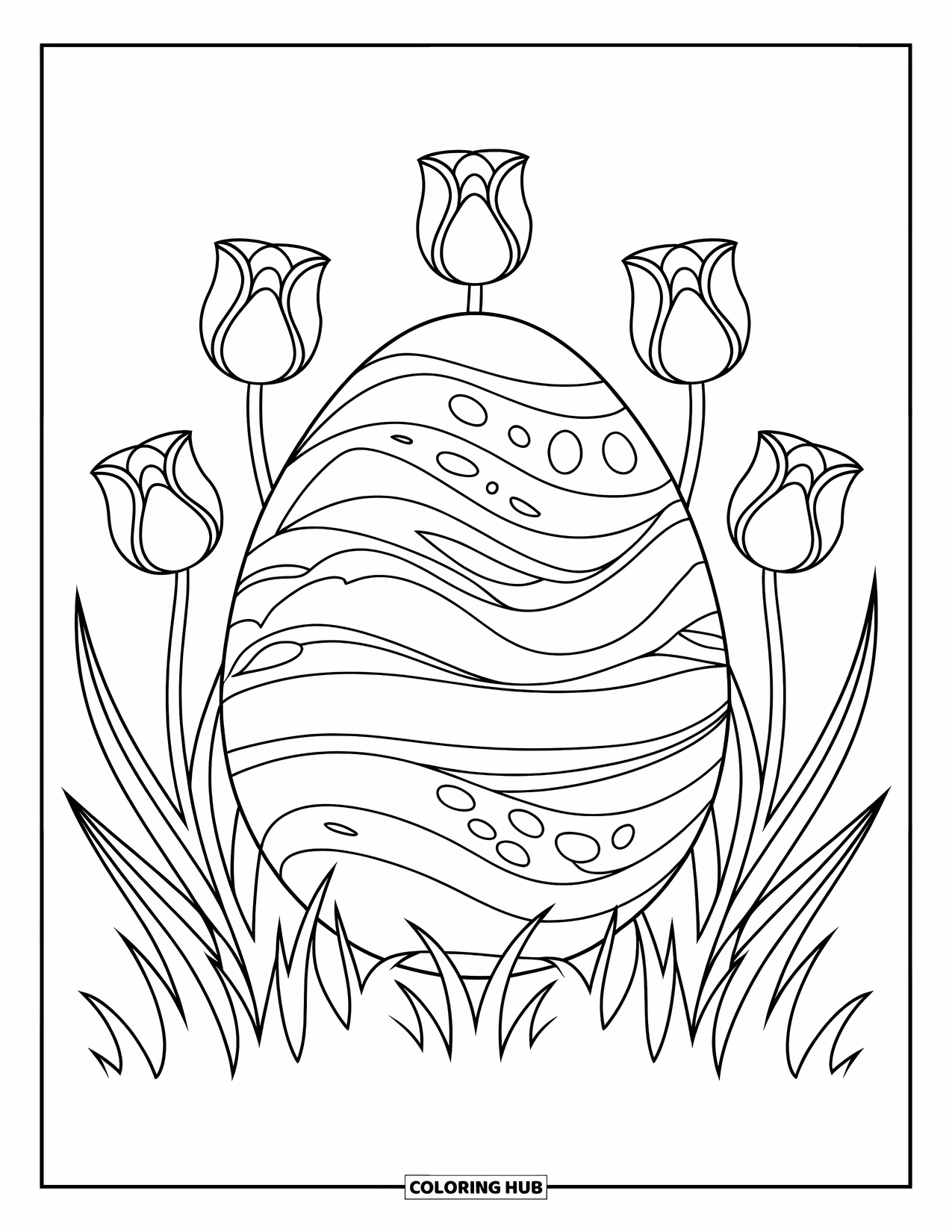 Easter Egg Coloring Page for Adults: An Easter egg with ribbon swirls sits among tulips and tall grass