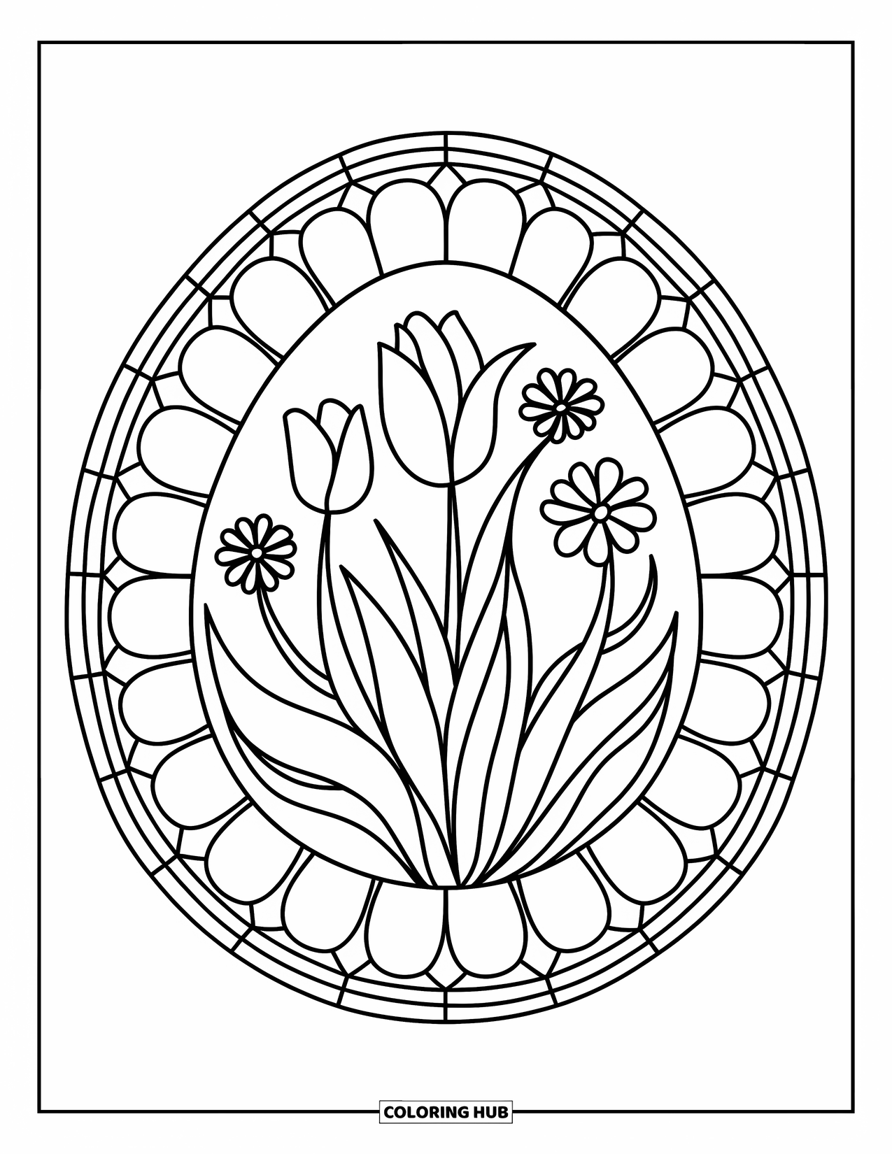 Easter Egg Coloring Page for Adults: An egg with tulips and daisies is surrounded by stained-glass flower petals