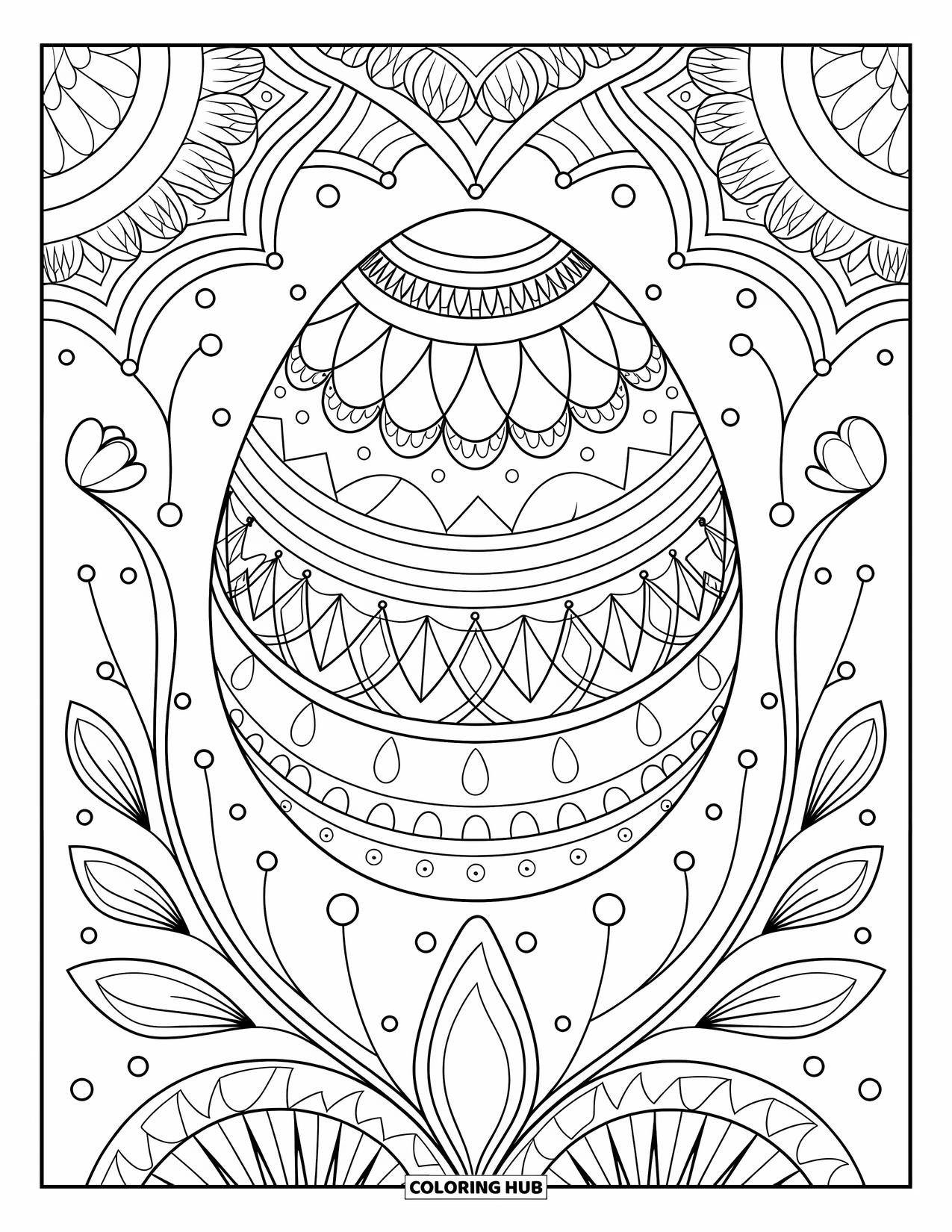 Easter Egg Coloring Page for Adults: An egg with zigzags and spirals rests in a full-page floral mandala
