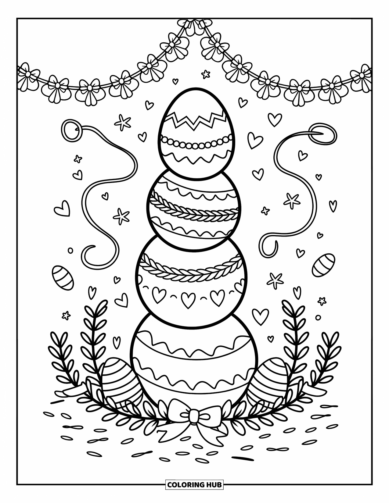 Easter Egg Coloring Page for Adults: Stacked Easter eggs with hearts and ribbons rise in a whimsical totem