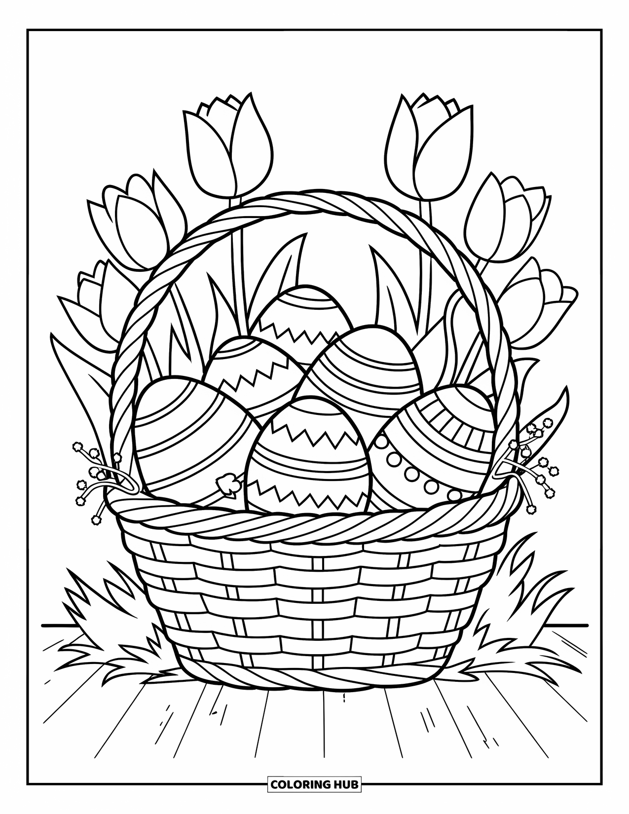 Easter Egg Coloring Page for Kids: A basket filled with Easter eggs is surrounded by tulips and grass
