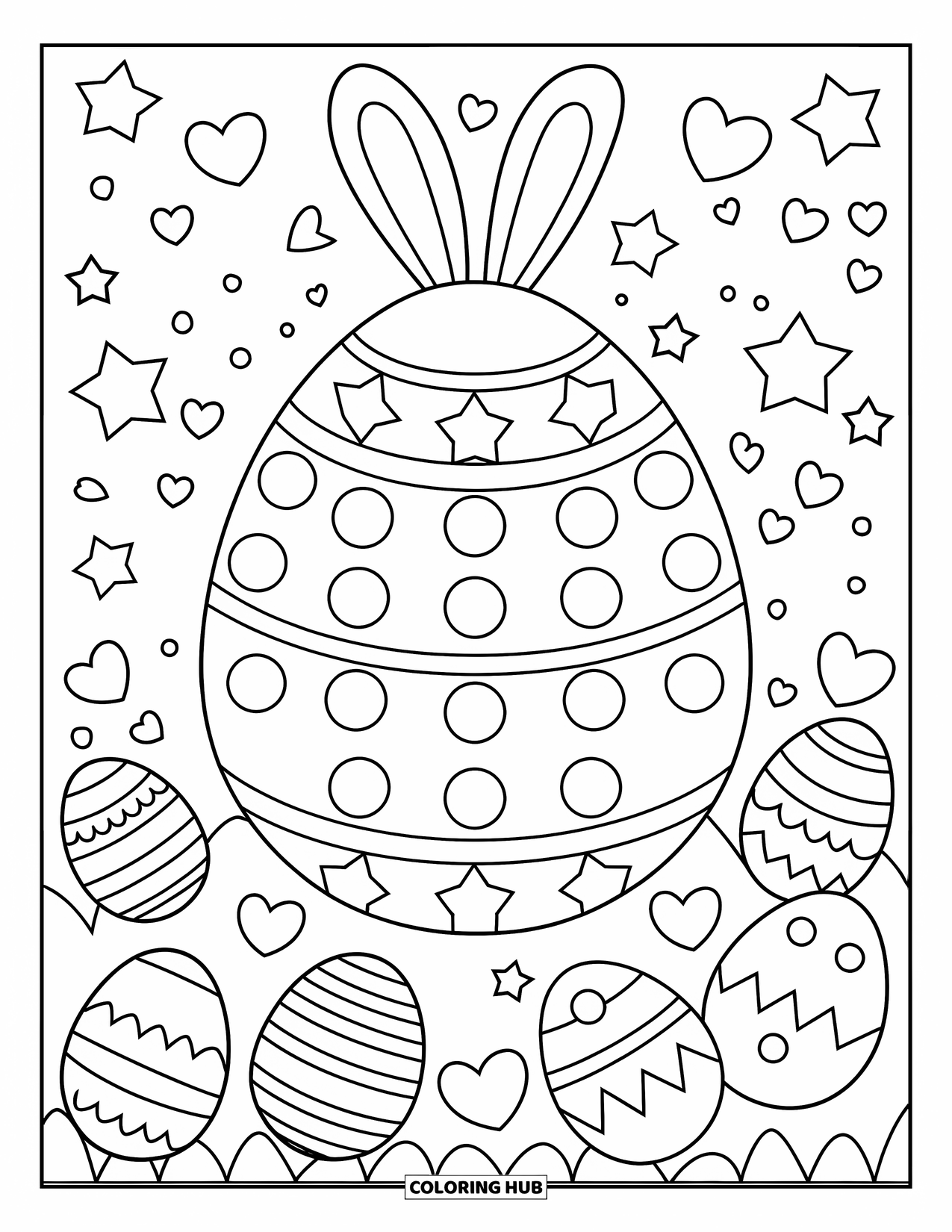 Easter Egg Coloring Page for Kids: A big circle-and-star egg is surrounded by hearts and small eggs
