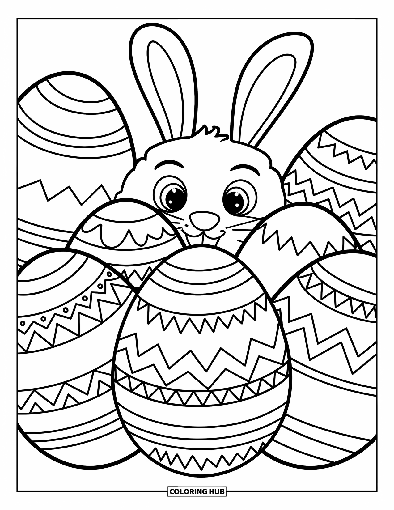 Easter Egg Coloring Page for Kids: A bunny peeks behind detailed Easter eggs with zigzags and swirls