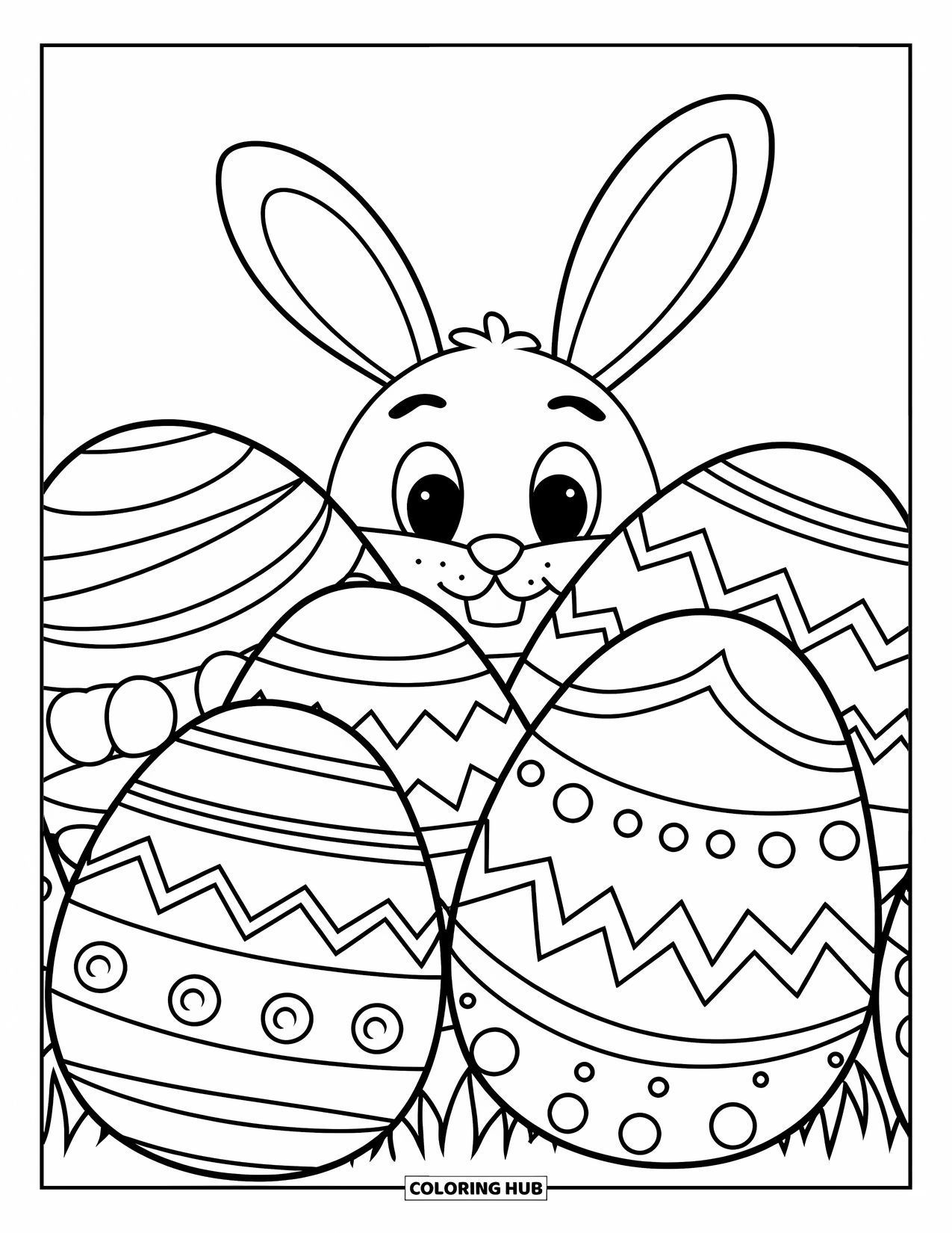 Easter Egg Coloring Page for Kids: A bunny peeks out from behind patterned Easter eggs