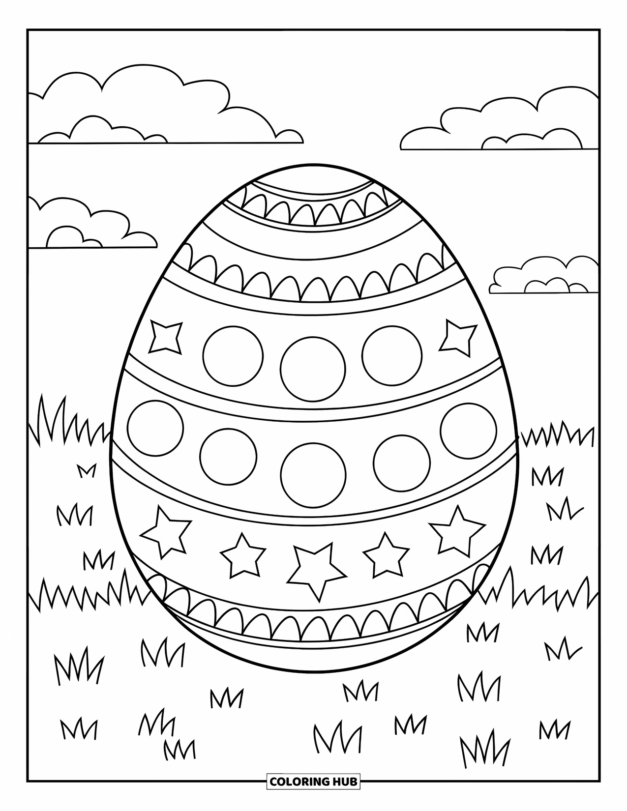Easter Egg Coloring Page for Kids: A circle-and-star Easter egg rests in grass under fluffy clouds