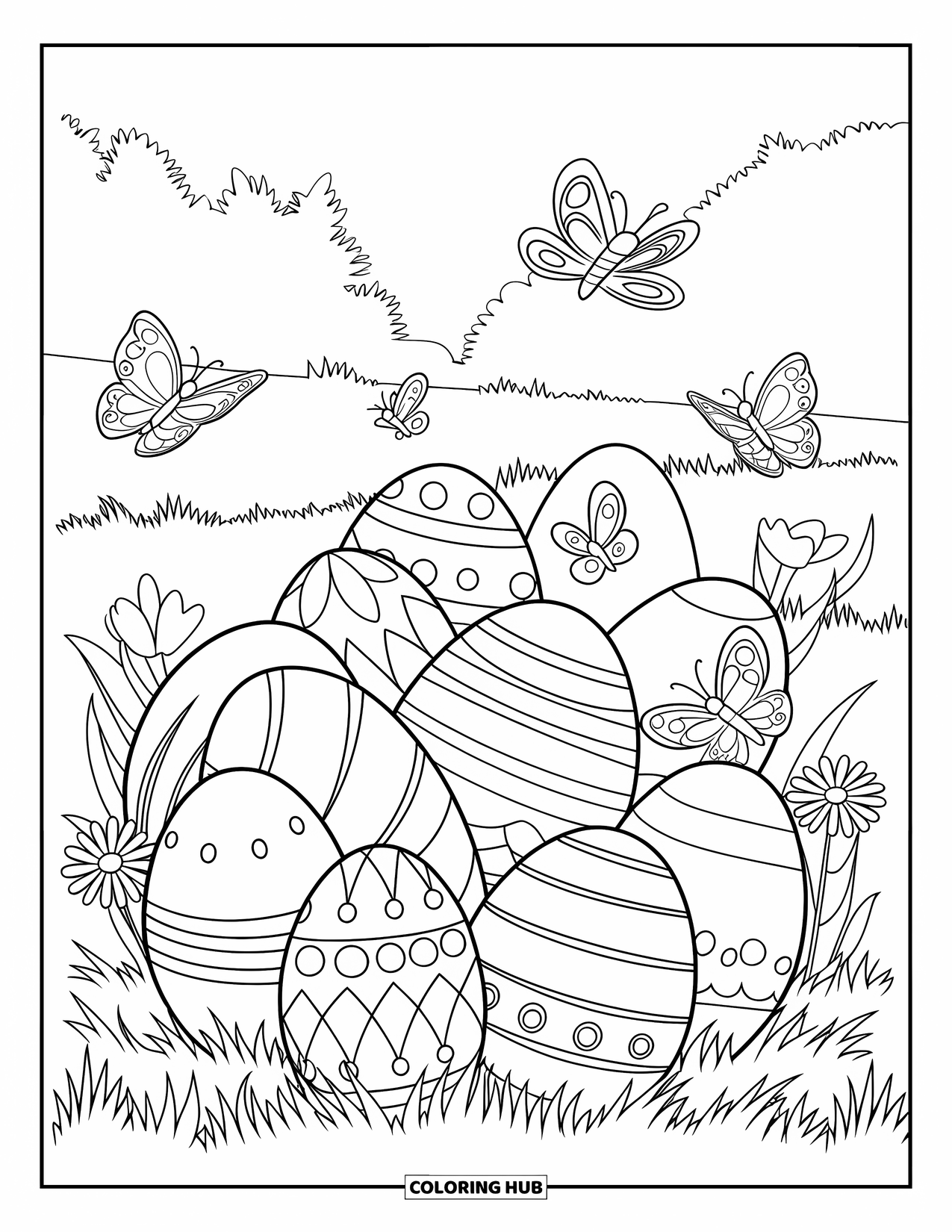 Easter Egg Coloring Page for Kids: A cluster of decorated Easter eggs rests in grass with flowers