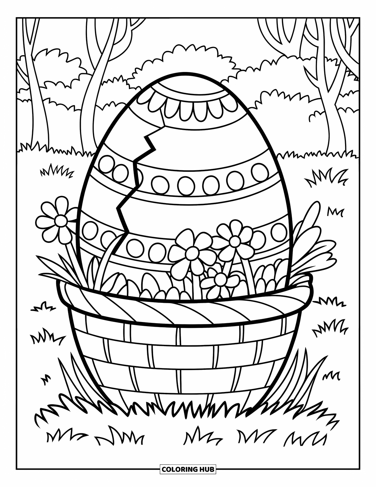 Easter Egg Coloring Page for Kids: A cracked striped egg rests in a basket of spring flowers