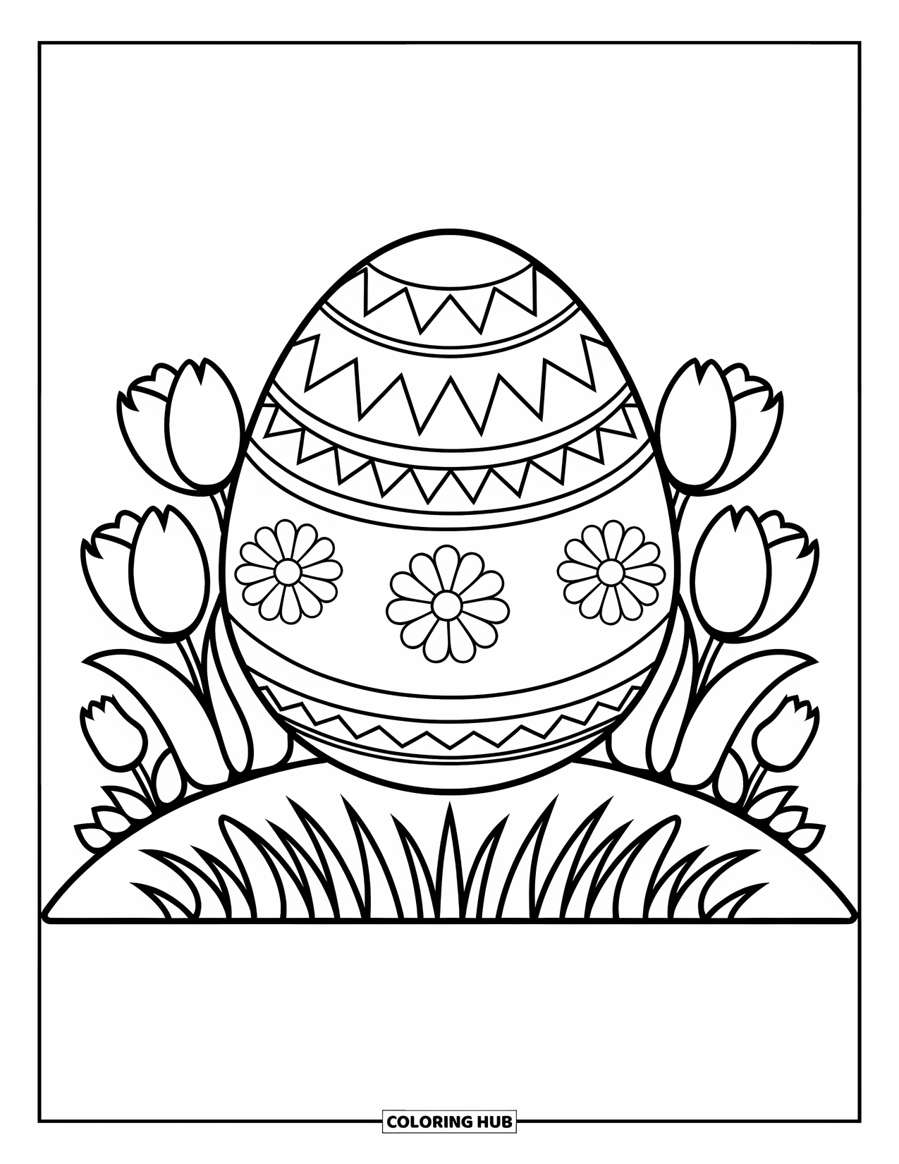 Easter Egg Coloring Page for Kids: A decorated Easter egg sits on grass with tulips and daisies