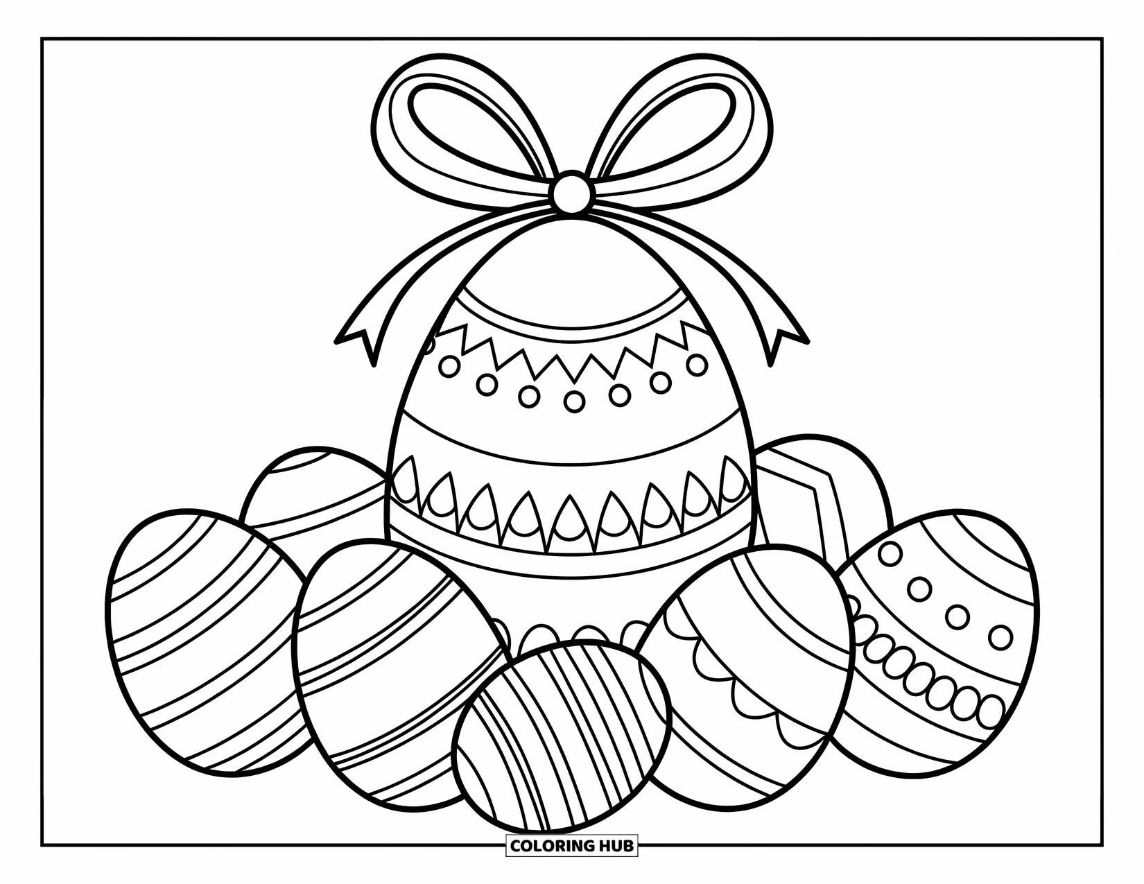 Easter Egg Coloring Page for Kids: A large Easter egg with a ribbon bow sits on smaller eggs