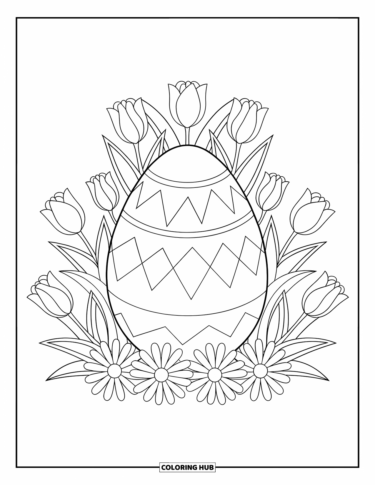 Easter Egg Coloring Page for Kids: A large floral Easter egg is framed by tulips and daisies