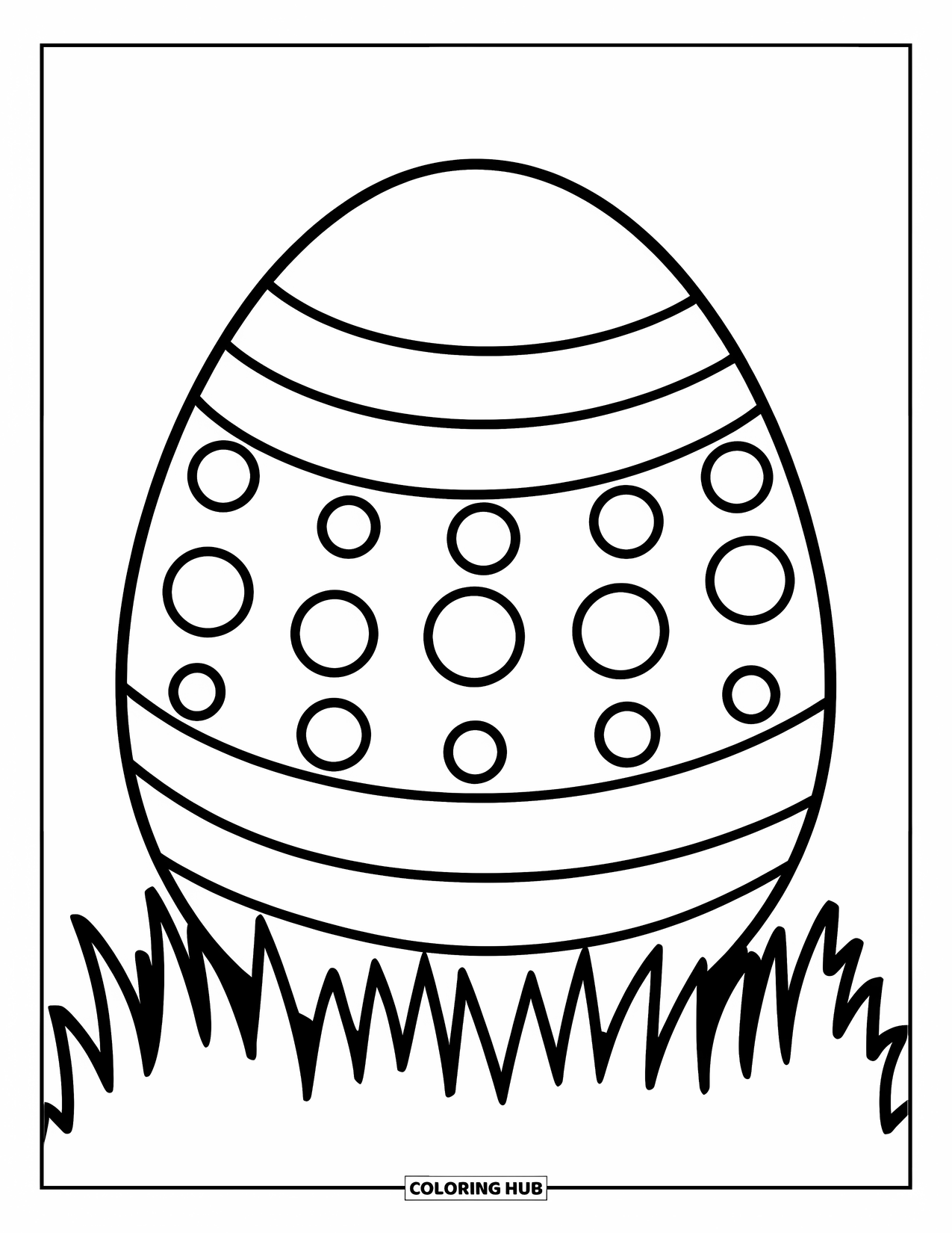 Easter Egg Coloring Page for Kids: A large striped egg with dots rests on grass