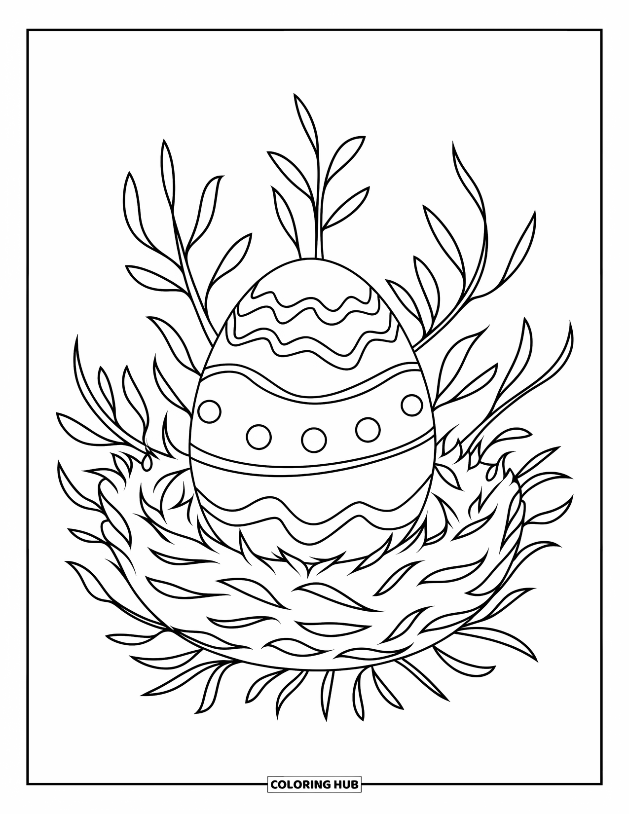 Easter Egg Coloring Page for Kids: A patterned Easter egg rests inside a nest of twigs and leaves