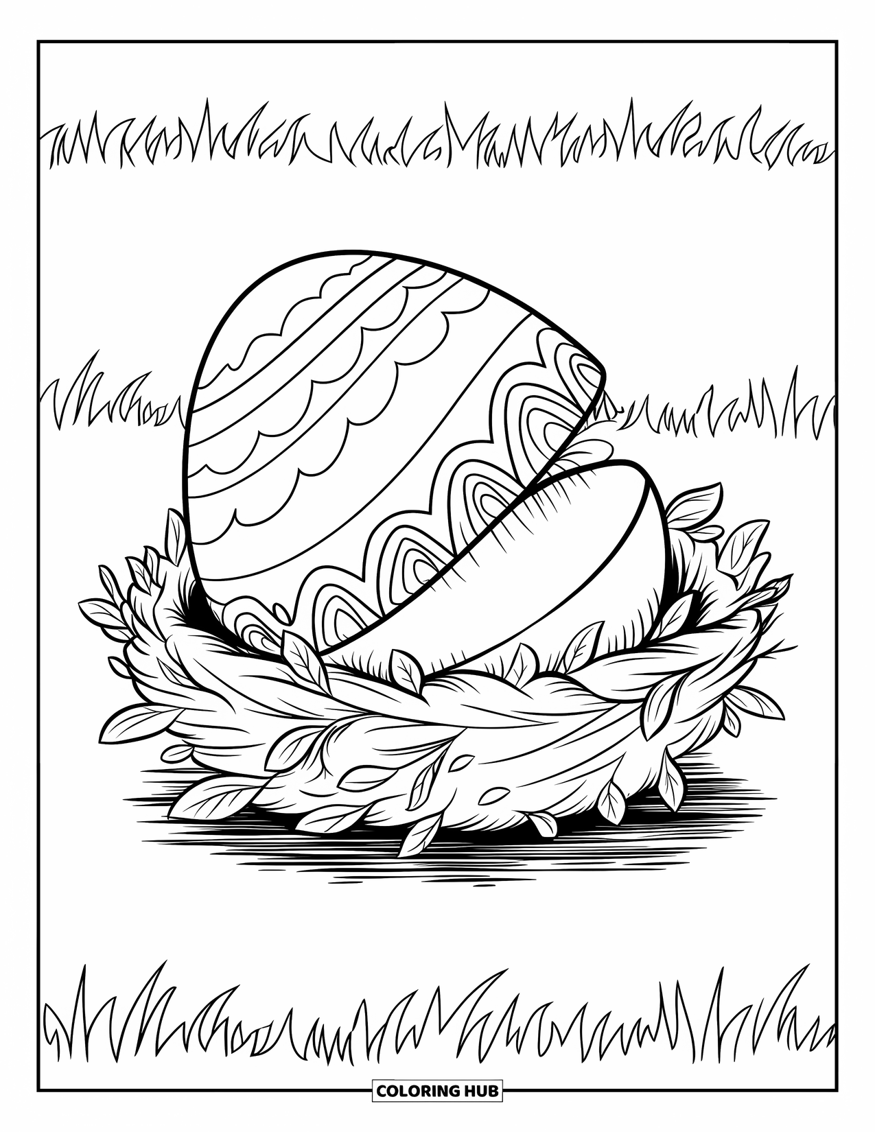 Easter Egg Coloring Page for Kids: A patterned Easter egg with an opening sits in a grassy nest