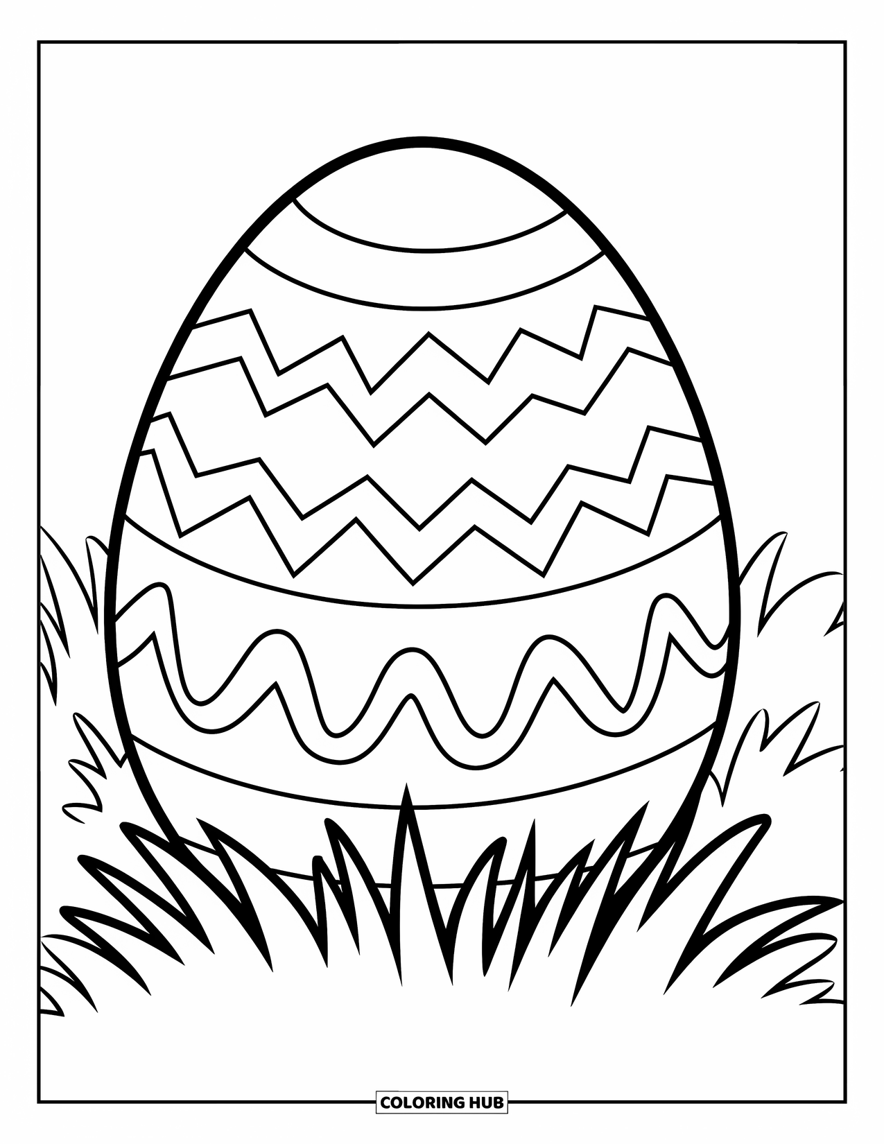 Easter Egg Coloring Page for Kids: A playful wavy egg rests on a grassy base with bold outlines