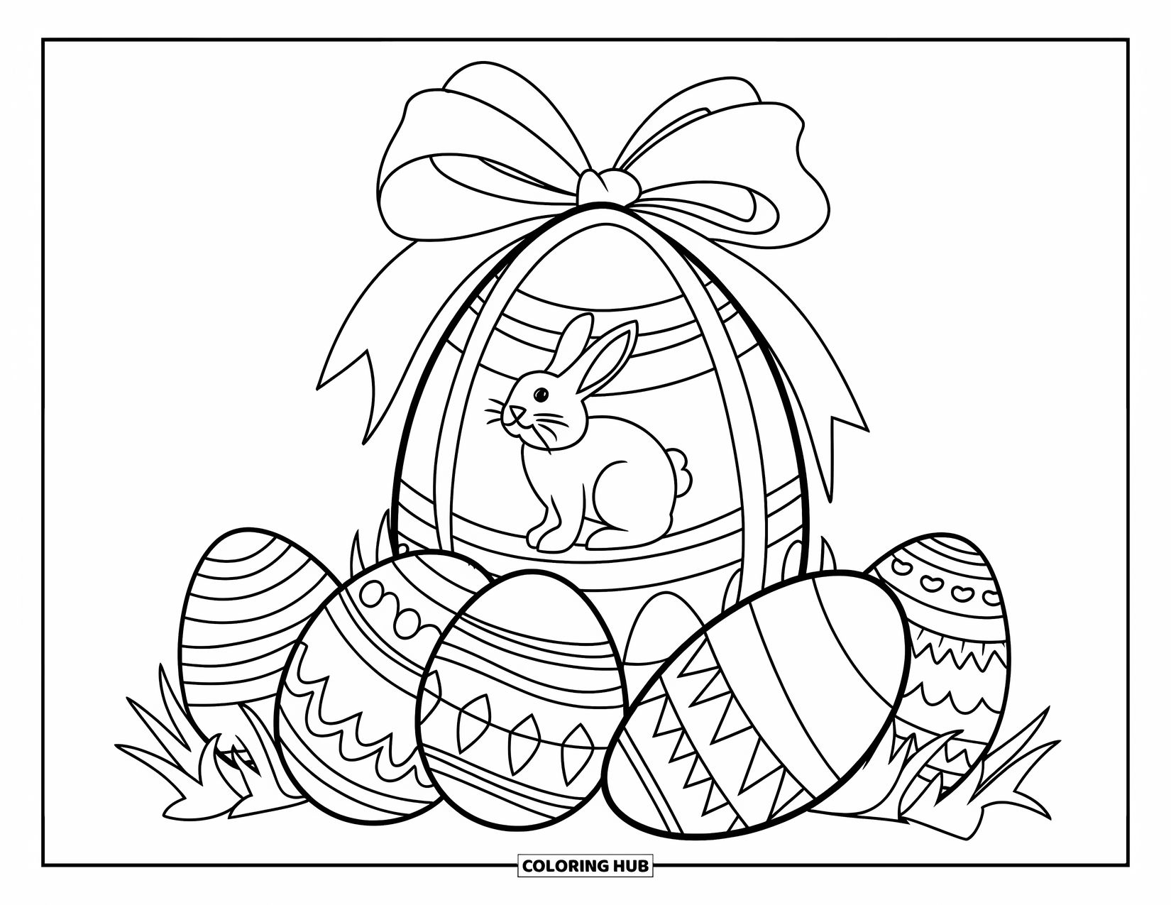 Easter Egg Coloring Page for Kids: A ribboned egg with a rabbit design rests on decorated eggs