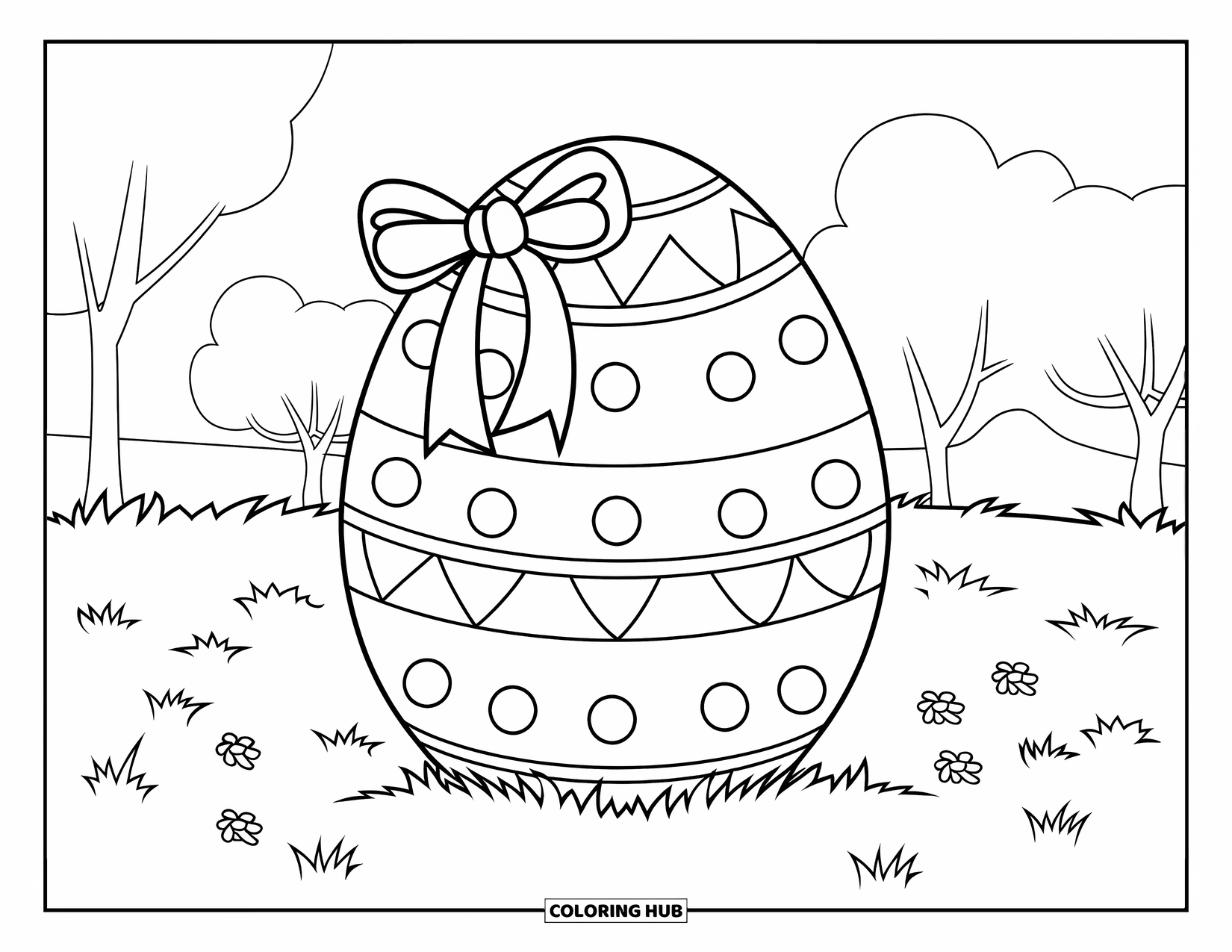 Easter Egg Coloring Page for Kids: A ribboned polka dot egg sits in grass with flowers and trees