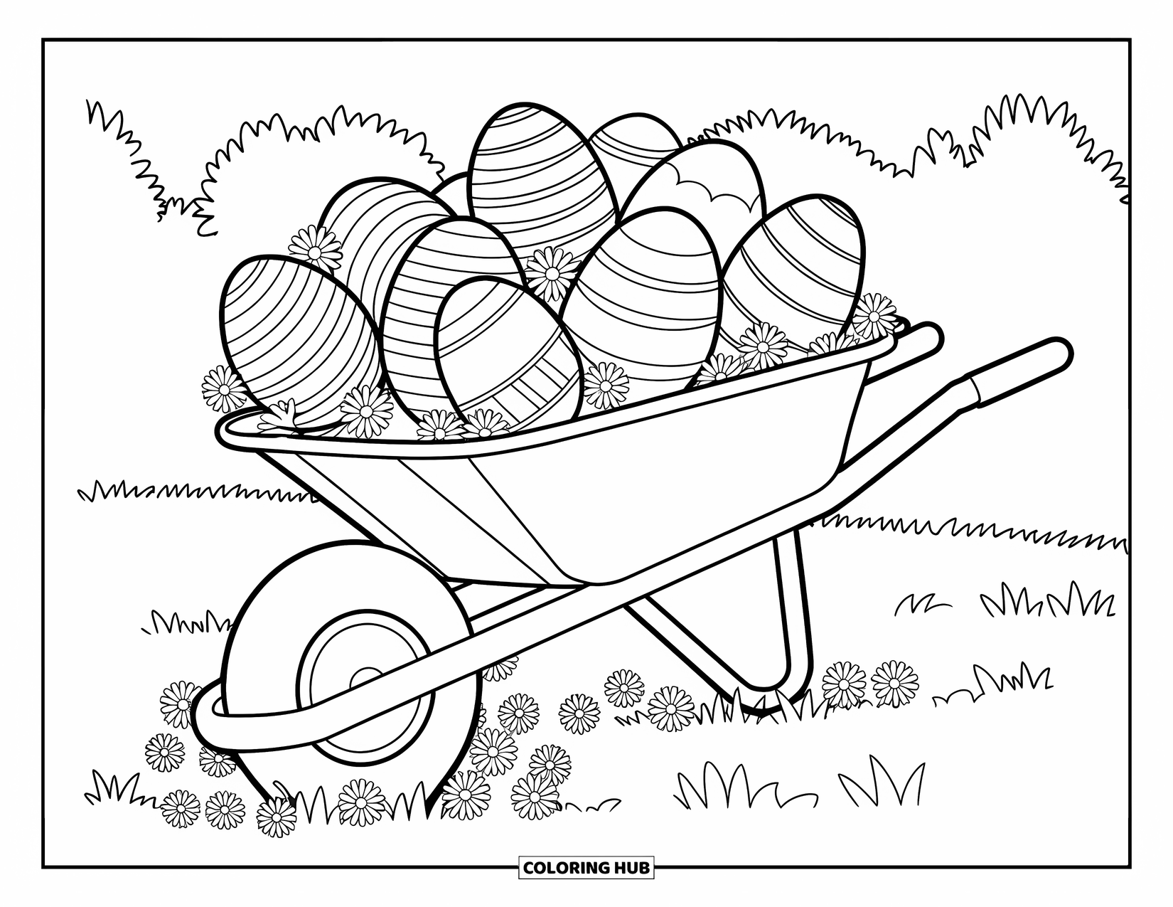 Easter Egg Coloring Page for Kids: A wheelbarrow filled with patterned Easter eggs sits among daisies