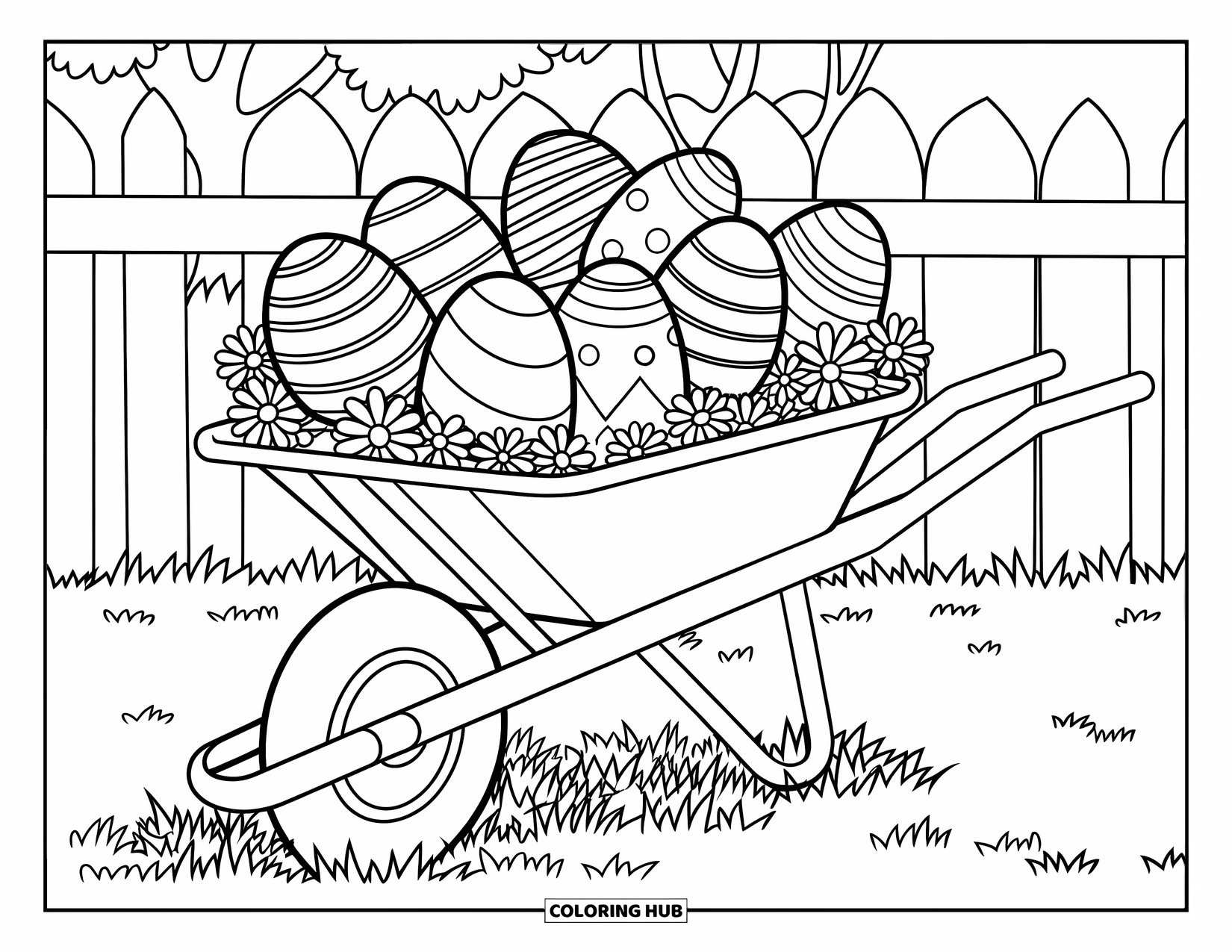 Easter Egg Coloring Page for Kids: A wheelbarrow with Easter eggs stands near a fence and trees