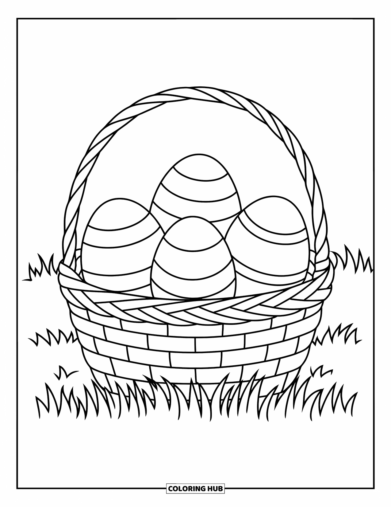 Easter Egg Coloring Page for Kids: A woven basket with three eggs sits in a grassy field