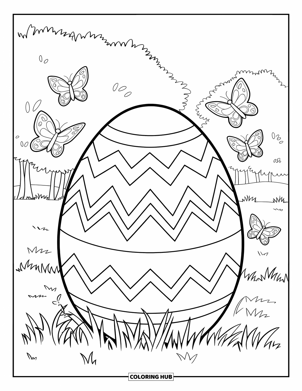 Easter Egg Coloring Page for Kids: A zigzag Easter egg rests in a grassy meadow with butterflies