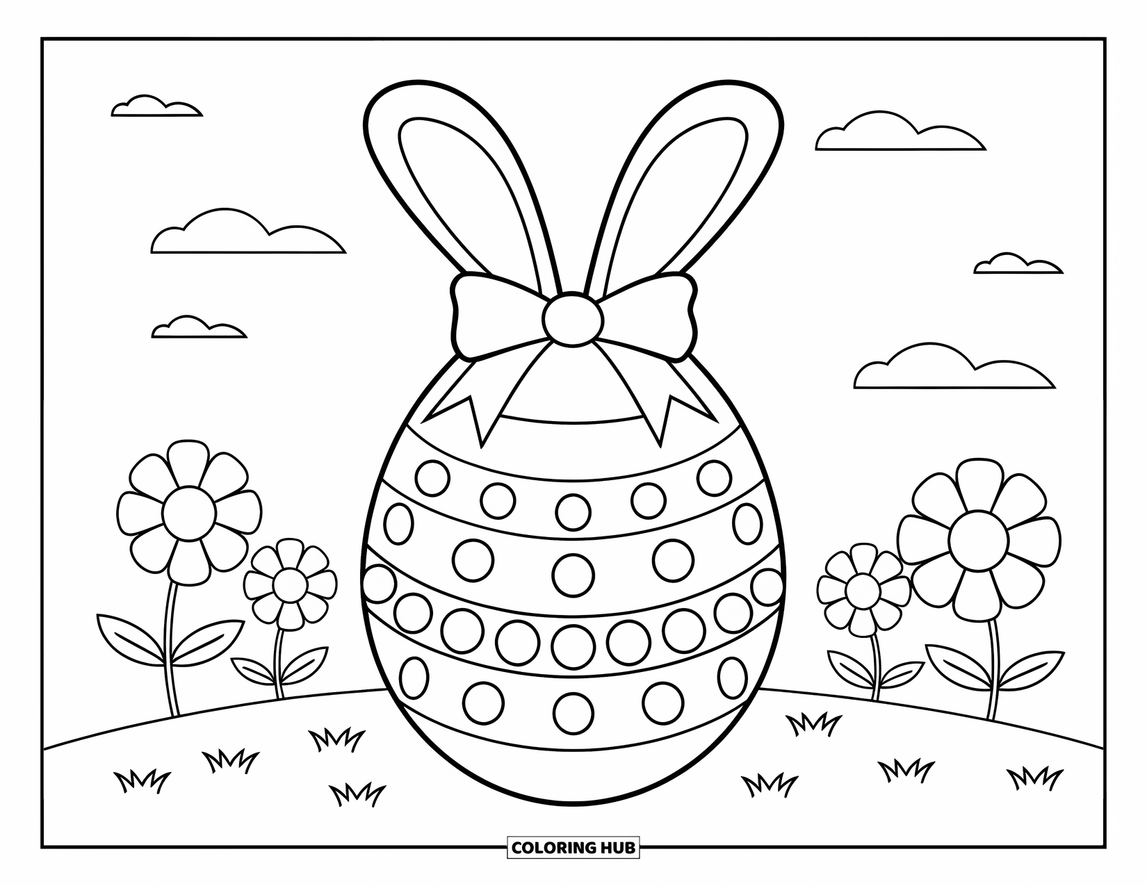Easter Egg Coloring Page for Kids: Bunny ears poke from a polka dot Easter egg with a bow